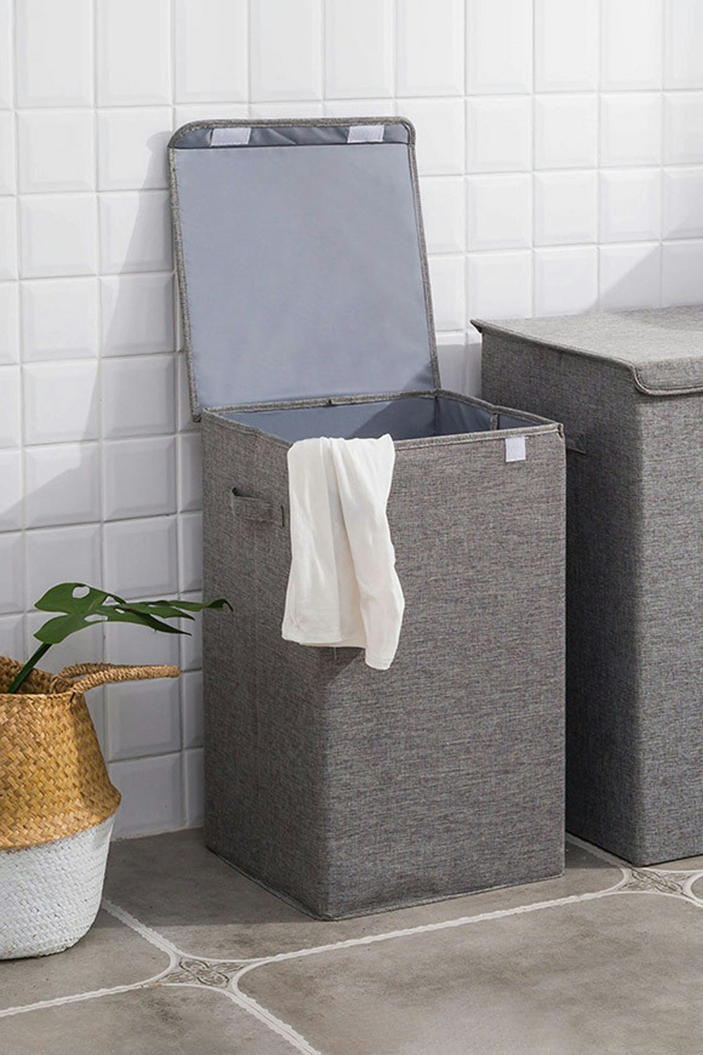 Living And Home Grey 100L Cotton Laundry Baskets Foldable Waterproof Laundry Hamper With Lid 63Cmh Home Laundry Baskets Laundry