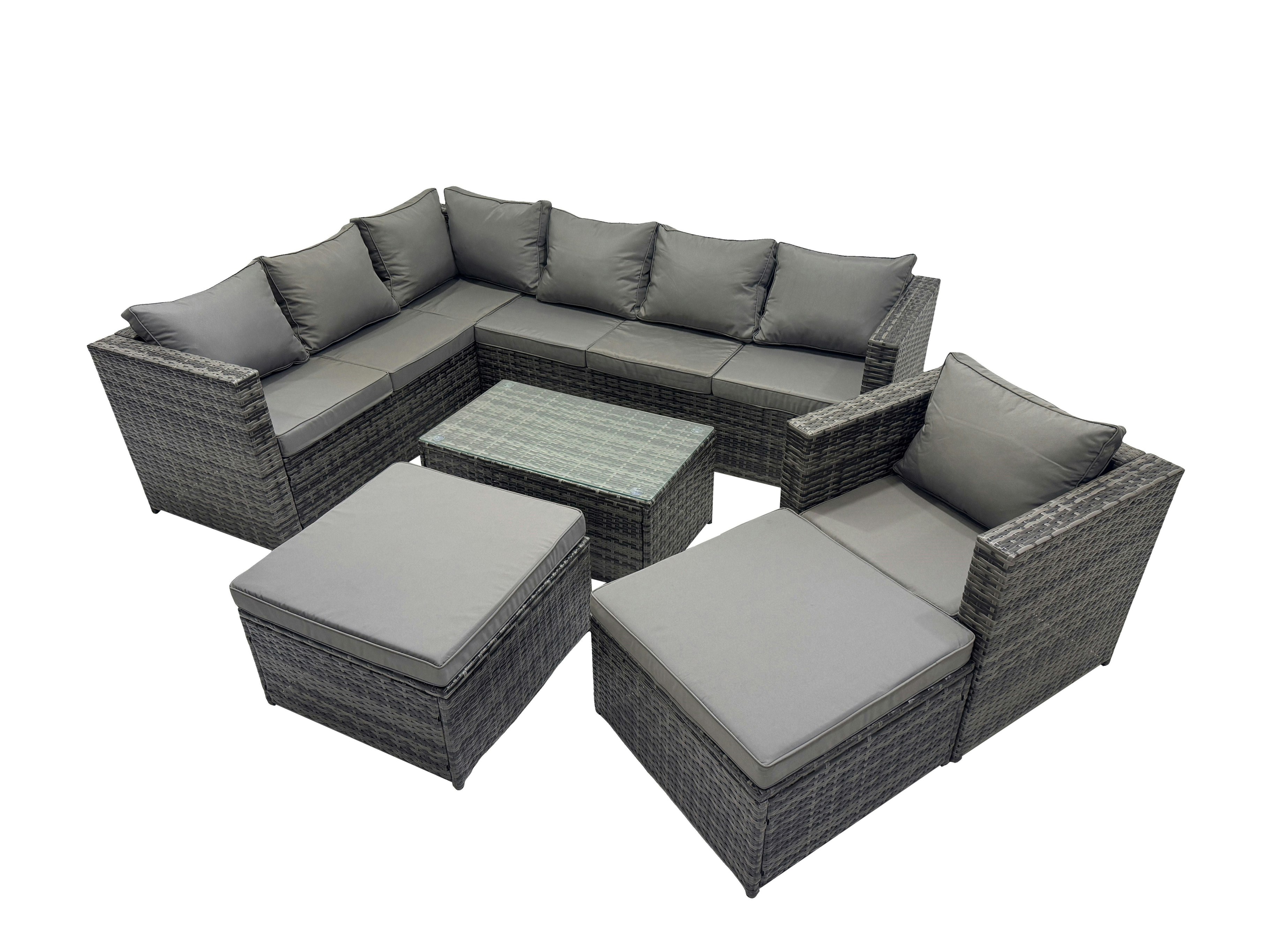 Fimous Dark/Grey Outdoor Rattan Rectangular Coffee Table Corner Sofa Setss Garden Furniture Sets With 2 Big Stools Mixed