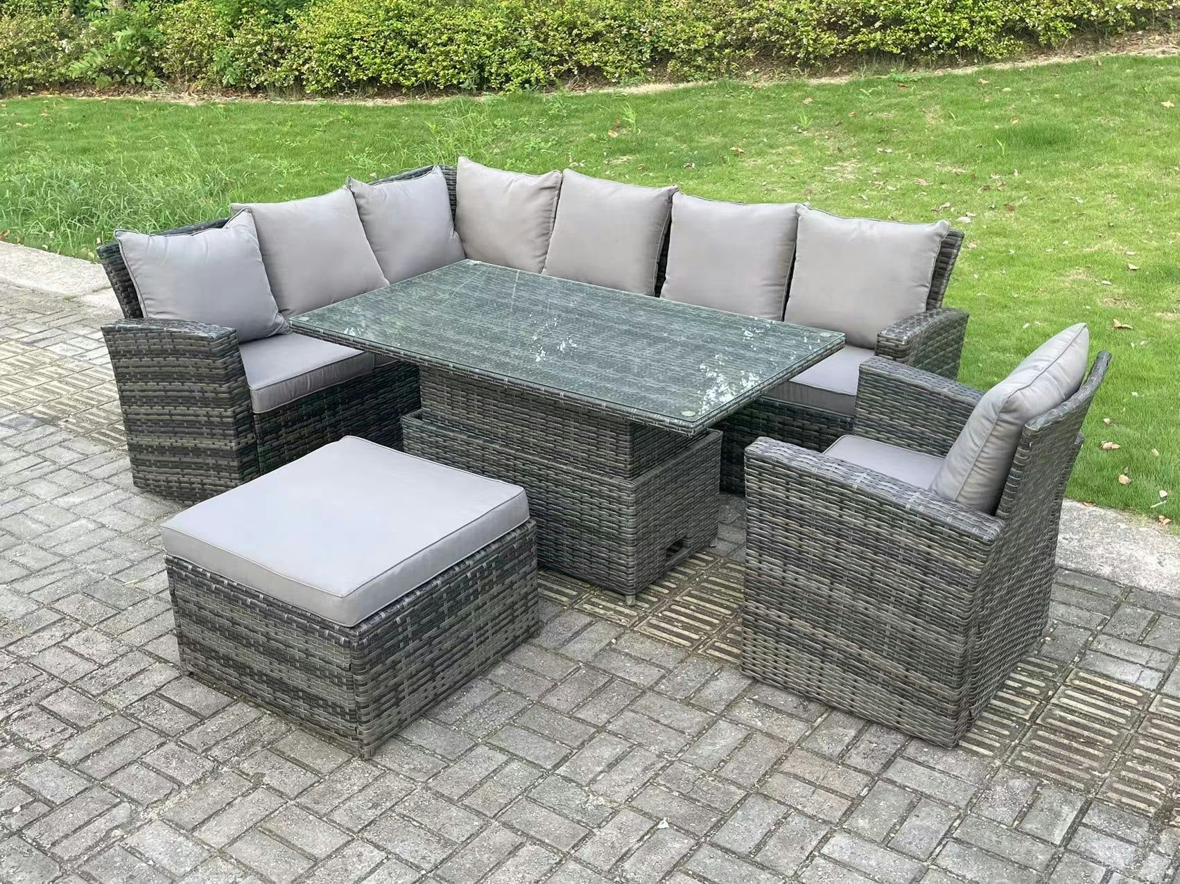 Fimous Dark/Grey 8 Seater?Outdoor High Back Rattan Adjustable Rising Lifting Dining Table Corner Sofa Set Garden Furniture Set Mixed Left Hand