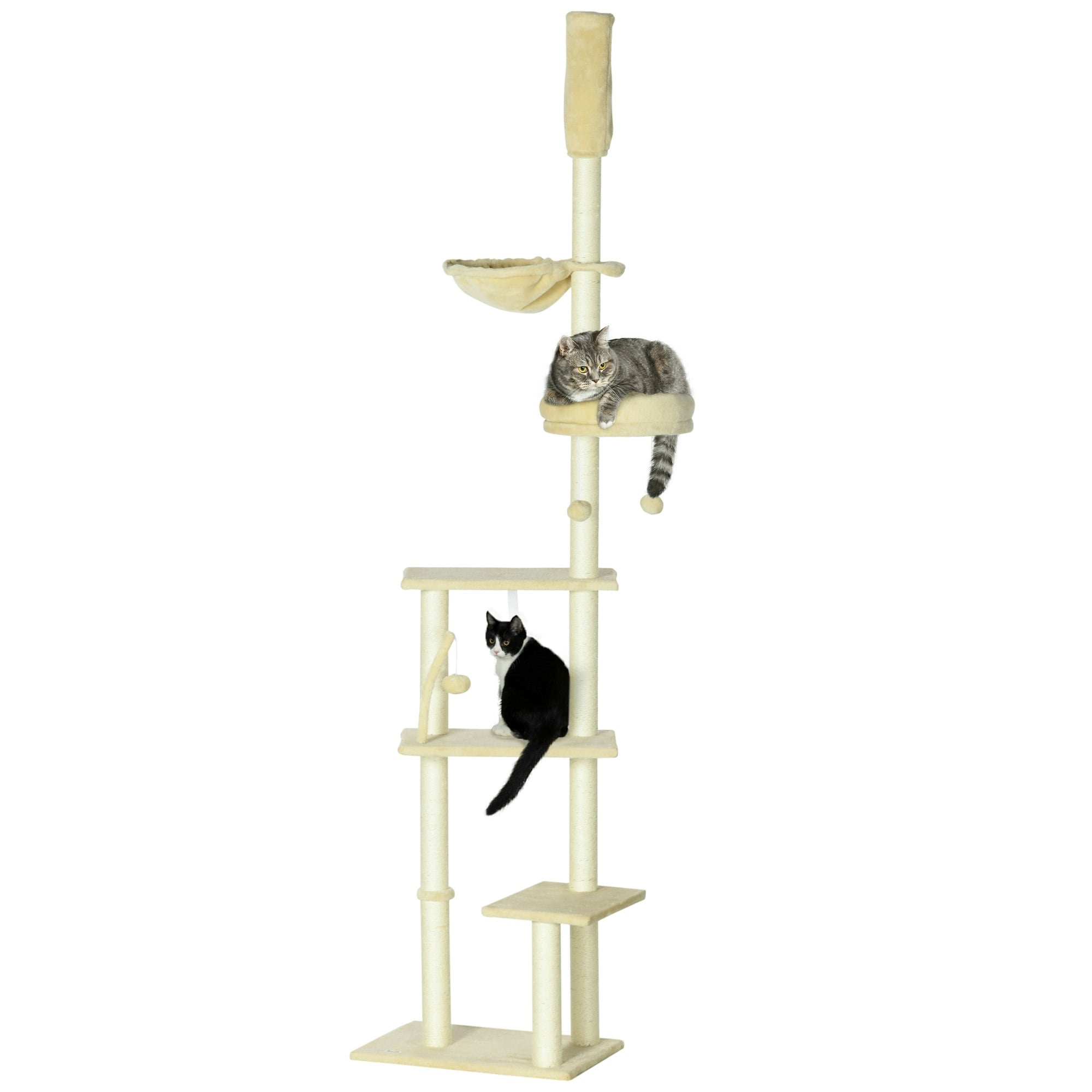 Pawhut Beige Floor To Ceiling Climbing Cat Tree Tower, 230-250Cm Height, - Particleboard, Plush, Sisal - Size 1