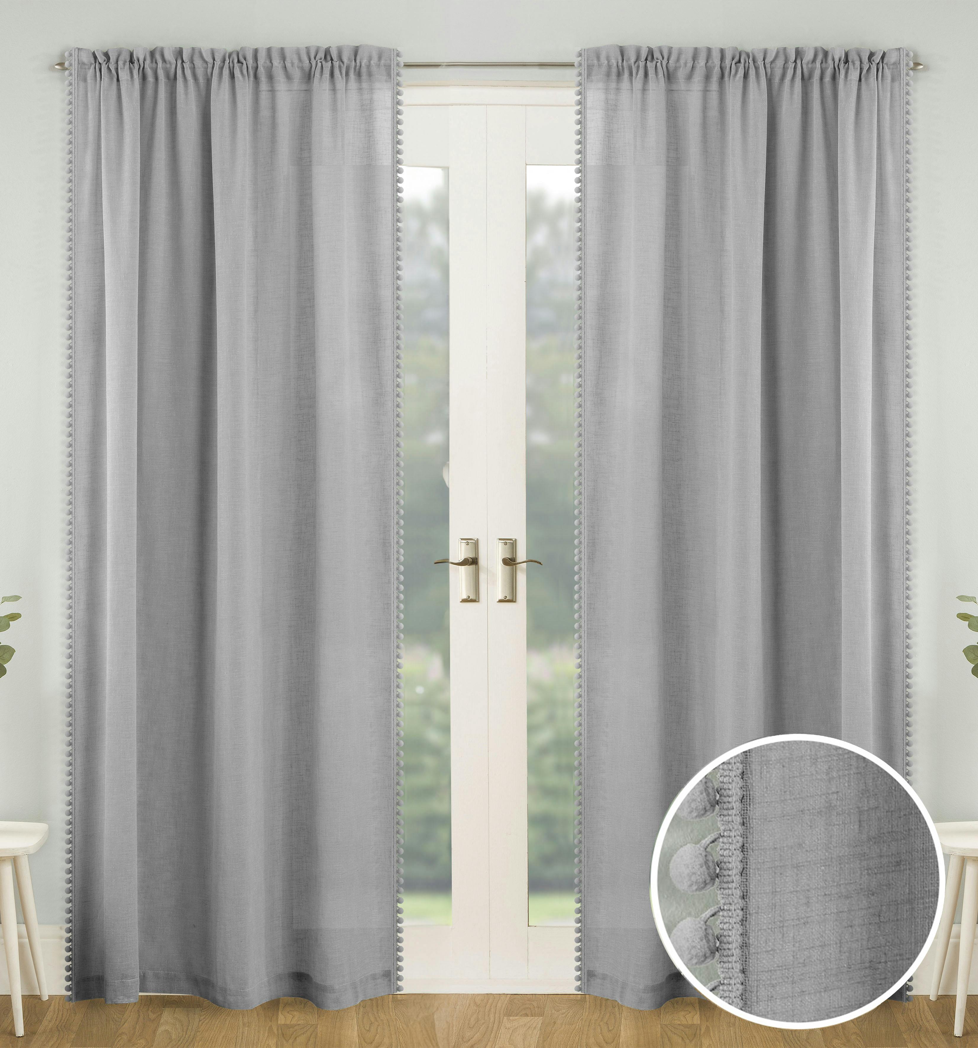 Tyrone Textiles Grey Pom-Pom Trim Linen-Look Voile Panel - Pair - 57" (145Cm) Width X 48" (122Cm) Drop
