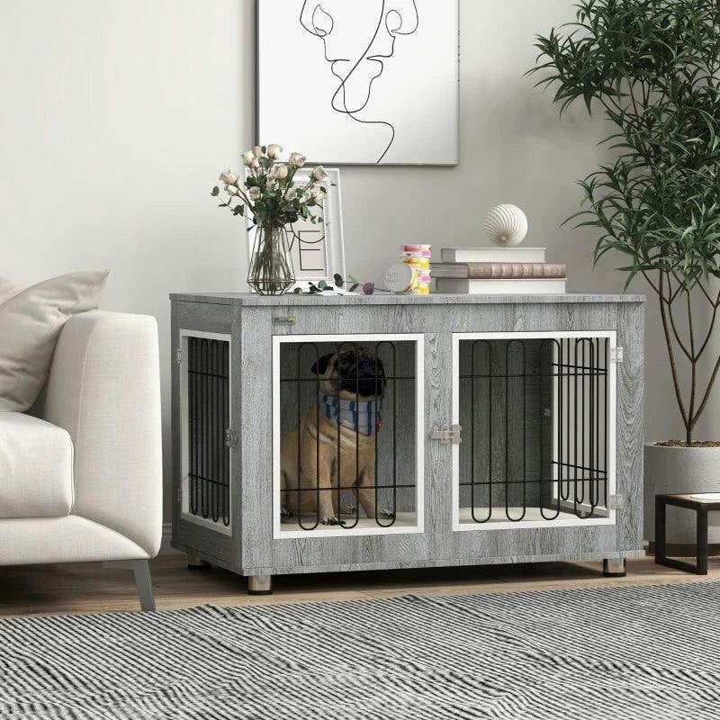 Pawhut Grey Dog Crate Furniture, Dog Crate End Table W/ Soft Cushion, Double Door In - Image 3