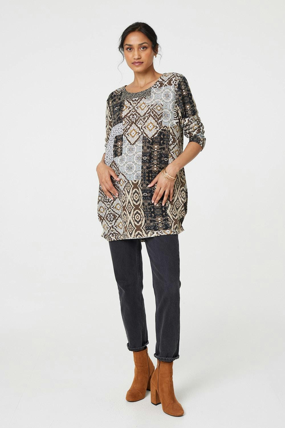 Izabel London Beige Patchwork Print Long Sleeve Scoop Neck Tunic - 12