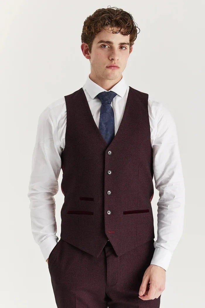 Paul Andrew Men's Regent - Wine Plaid Check Waistcoat - 52