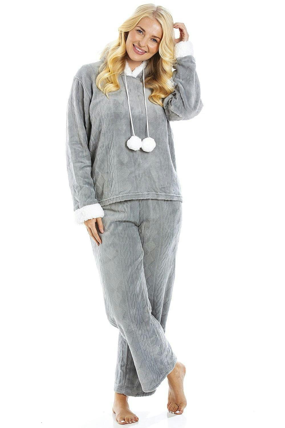 Camille Women's Grey Hooded Pyjama Set Long Sleeve Fleece Nightwear - 10-12