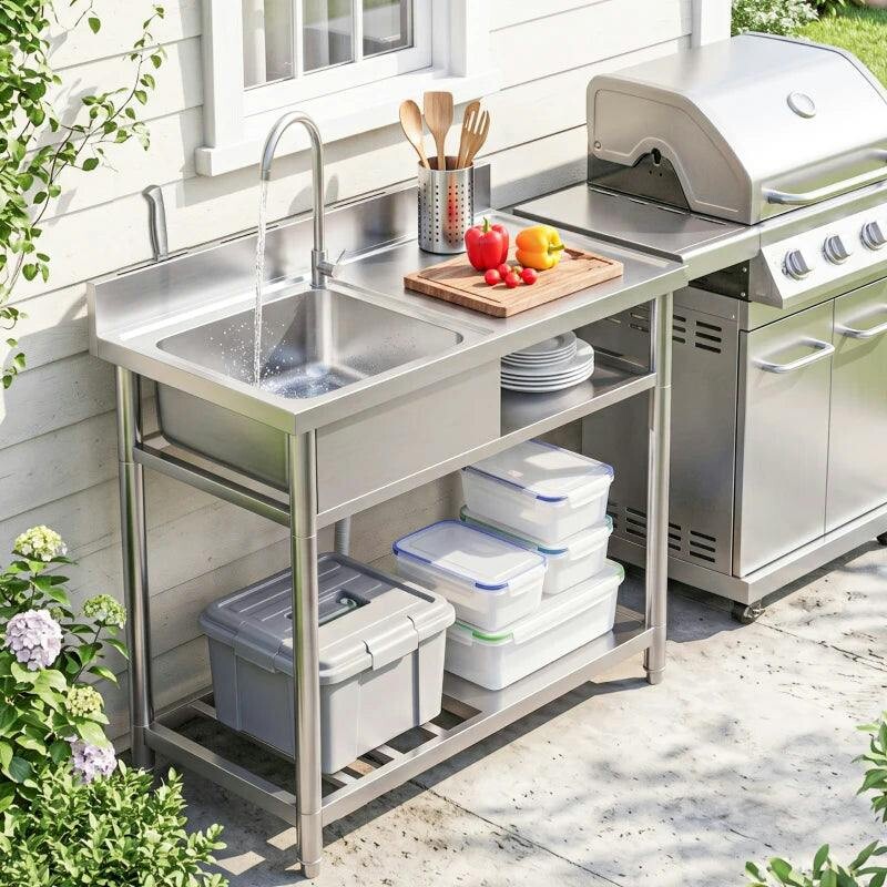 Homcom Unisex Silver Outdoor Stainless Steel Sink Single Bowl With Cold & Hot Water Pipe & Storage Shelf In - Image 5