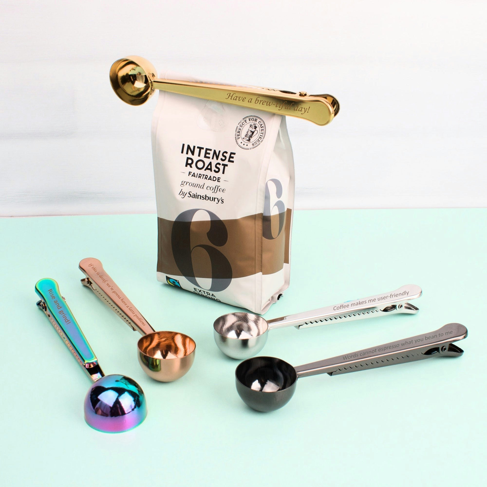 Rackhams Gold Personalised Coffee Scoop And Bag Clip - Yes