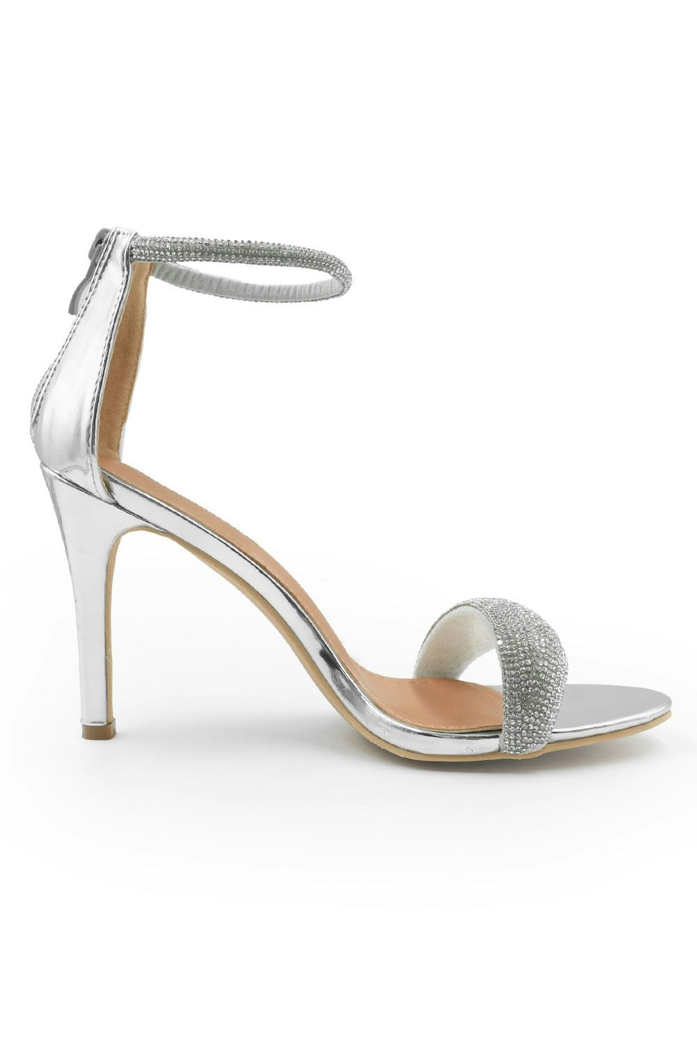 Where's That From Silver Evelyn High Heel Sandals With Diamante Ankle Strap In Moon Faux Leather - Size 6