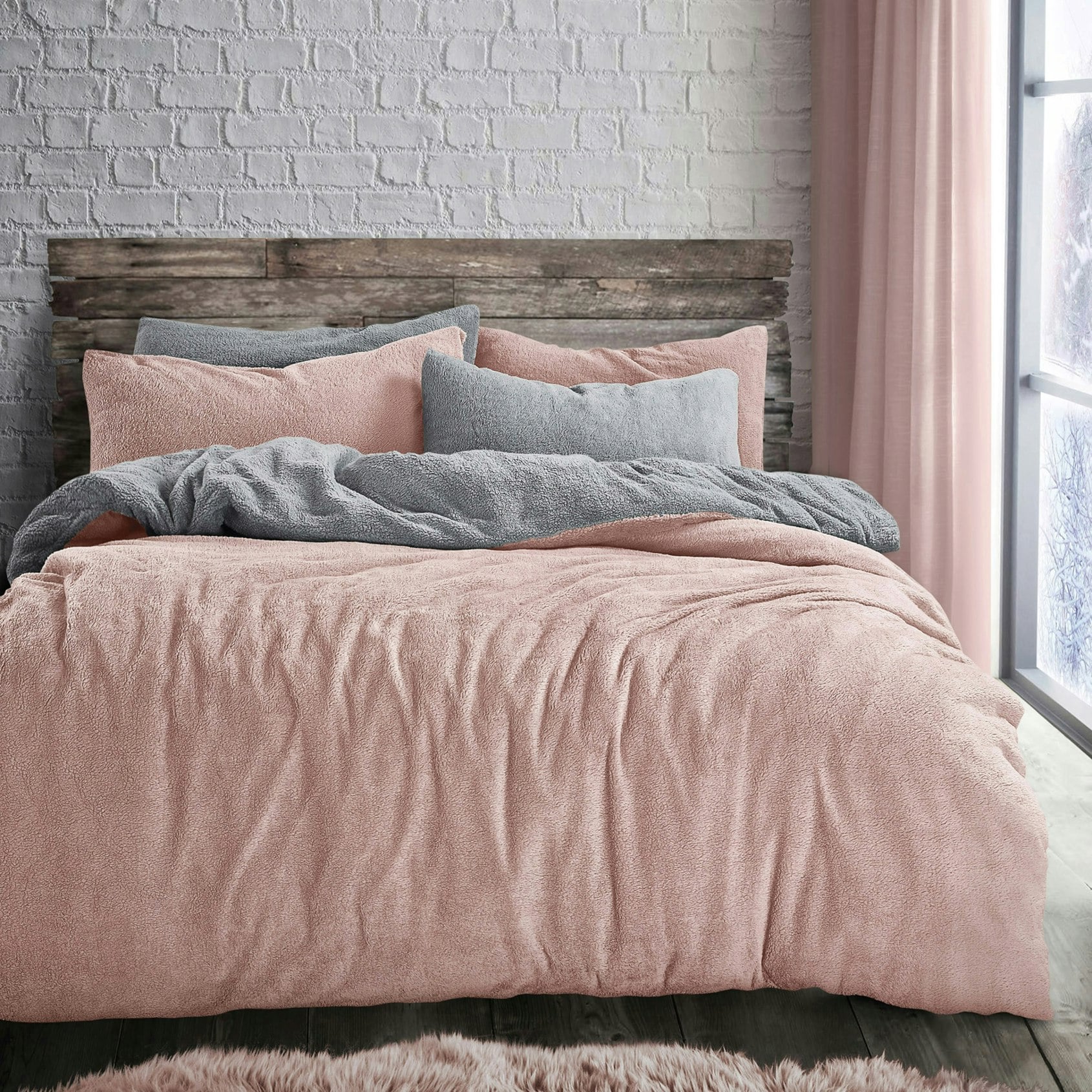 Rackhams Silver Teddy Two Tone Fluffy And Warm Fleece Duvet Cover Set - Double