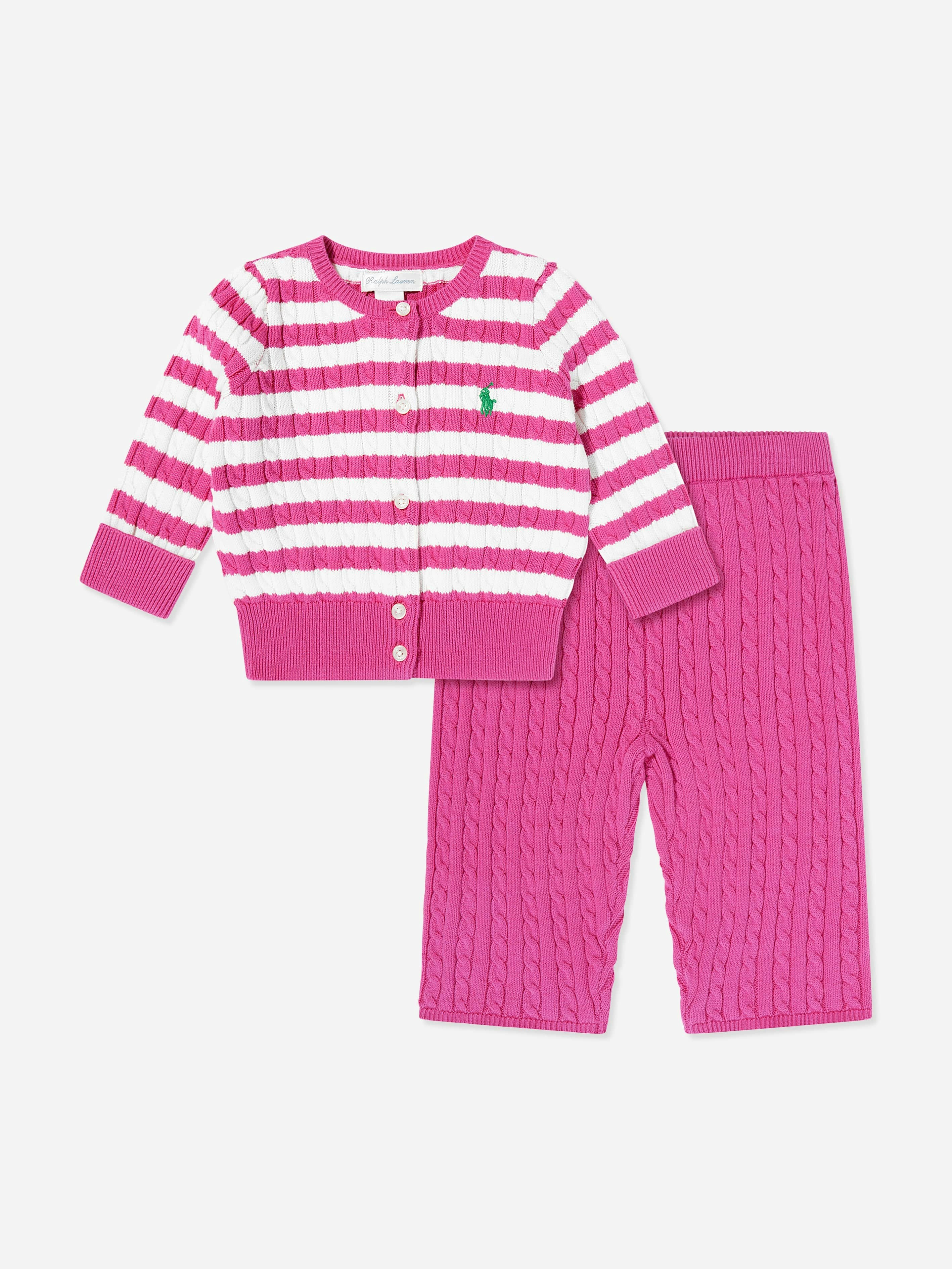 Ralph Lauren Kids Girls Pink Ralph Lauren Baby Cardigan And Pants Set In - 18 Mths