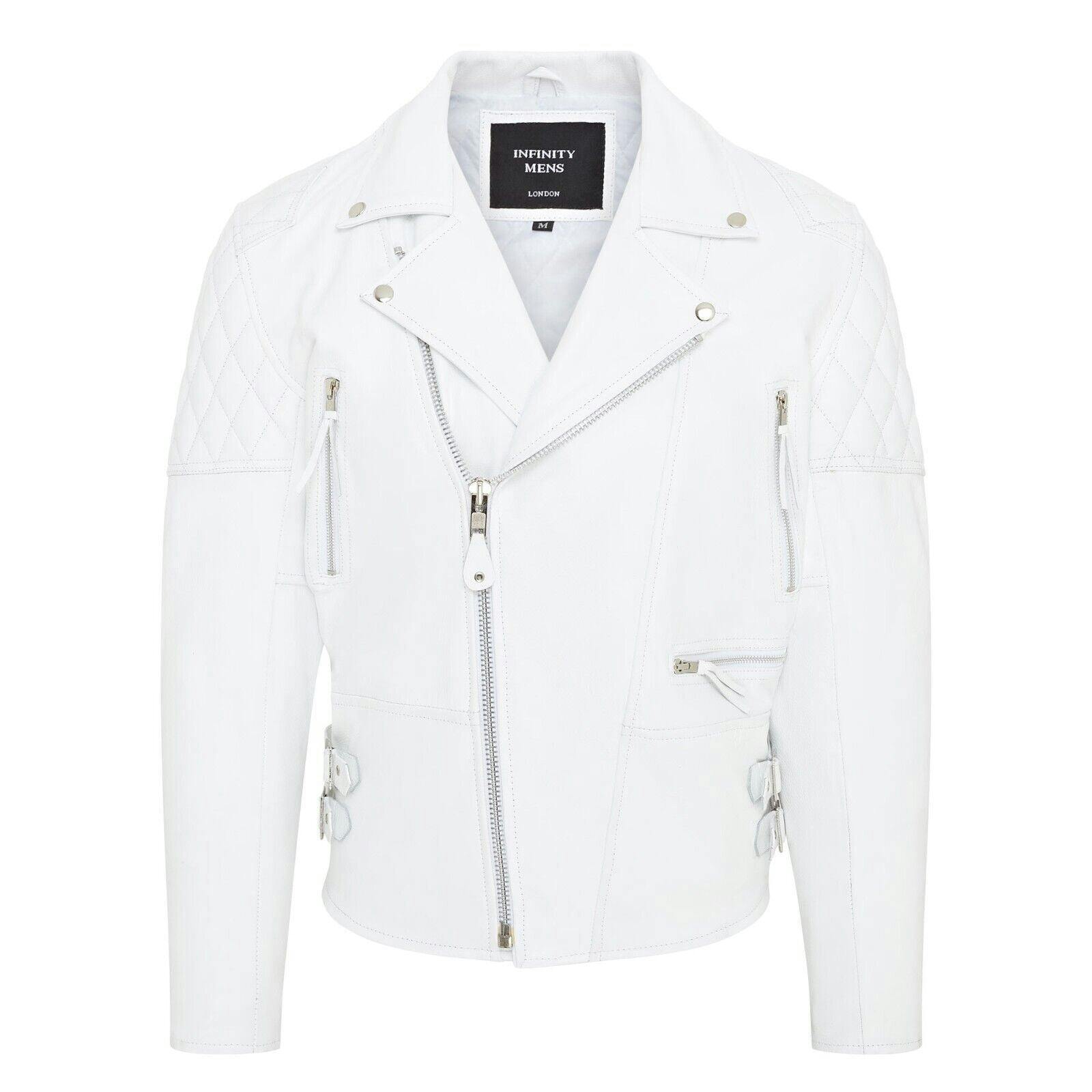 Infinity Leather Men's White Cowhide Leather Brando Biker Jacket - Garland - Uk Xs | Eu 44 | Us 34