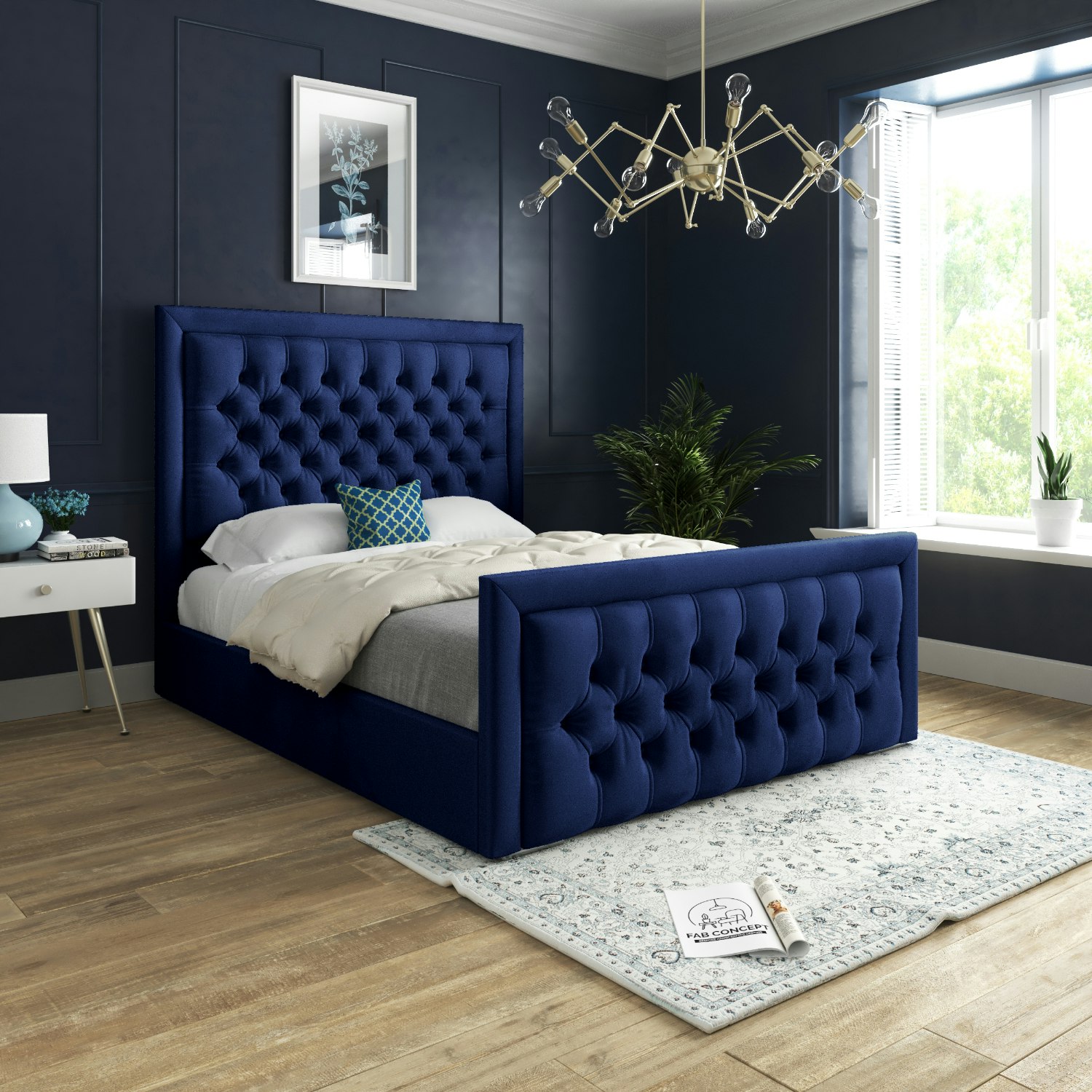 Rackhams Cream/Blue Romano Straight Winged Upholstered Soft Velvet Bed Frame - King