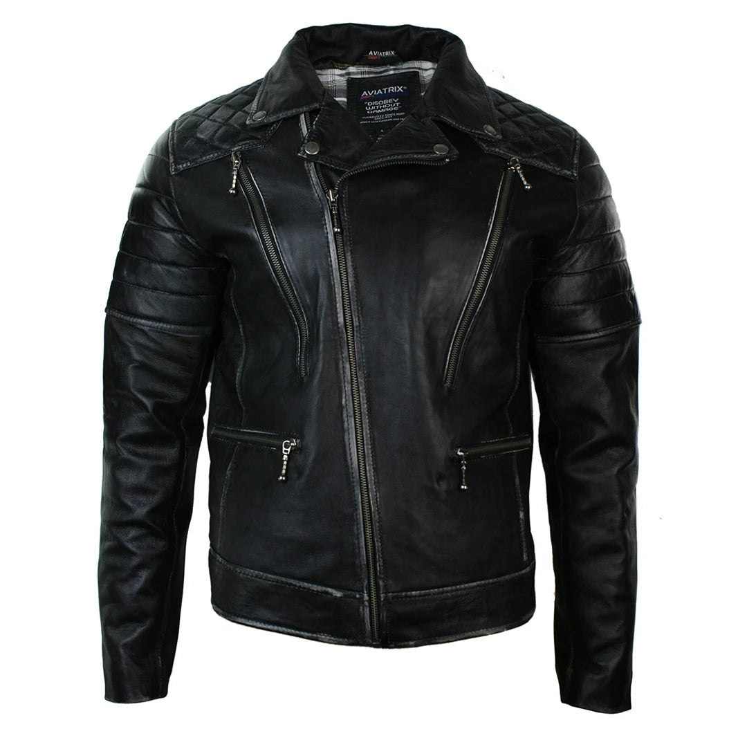 Aviatrix Men's Punk Rock Leather Cross Zip Biker Jacket Effect - Small