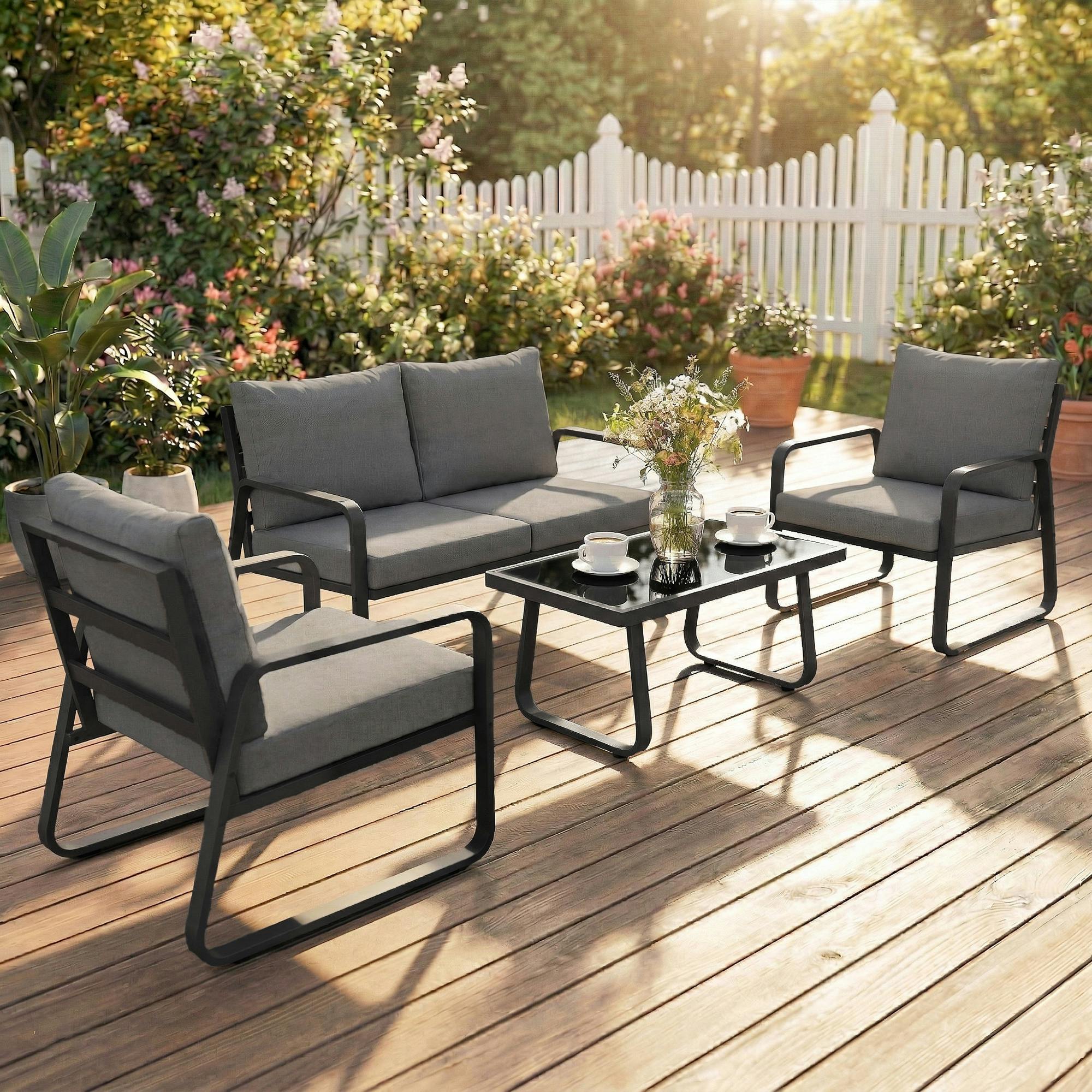 Rackhams Black 4 Piece Garden Furniture Set, Outdoor Sofa Set, - Polyester Covers, Water Resistant - 280.0 Cm - Metal, Polyester, Tempered Glass
