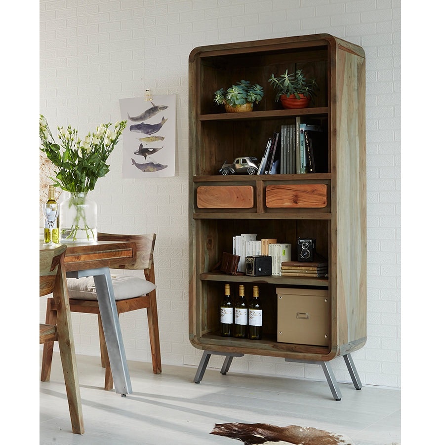 Ih Design Light/Grey Aaron Wood & Metal Wide Bookcase - Wood - 1 - 85Cm X 40Cm X 180Cm (Lxdxh)
