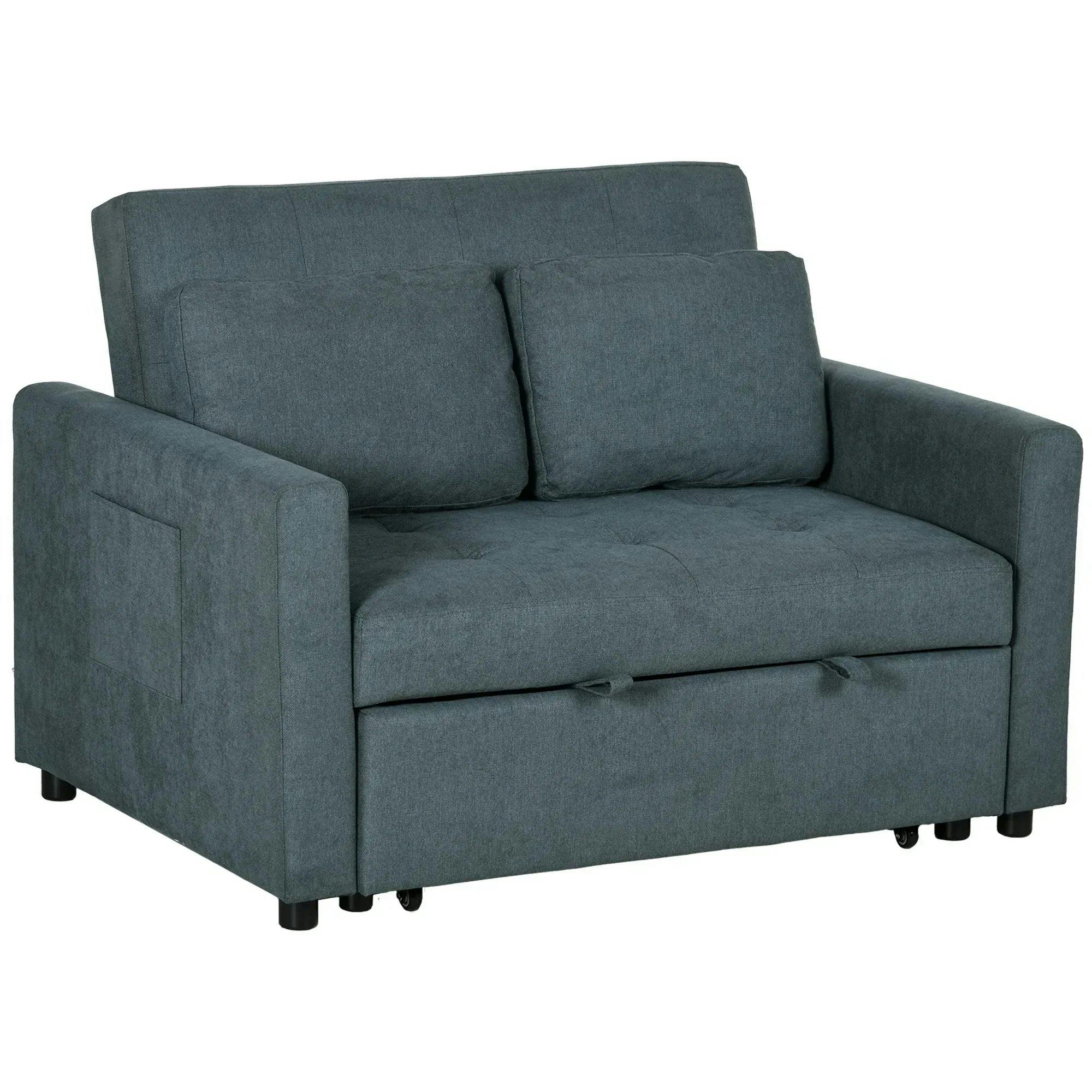 Rackhams Grey Loveseat Sofa Bed, Convertible Bed Settee With 2 Cushions, Side Pockets For Living Room, Charcoal - Charcoal - Image 6