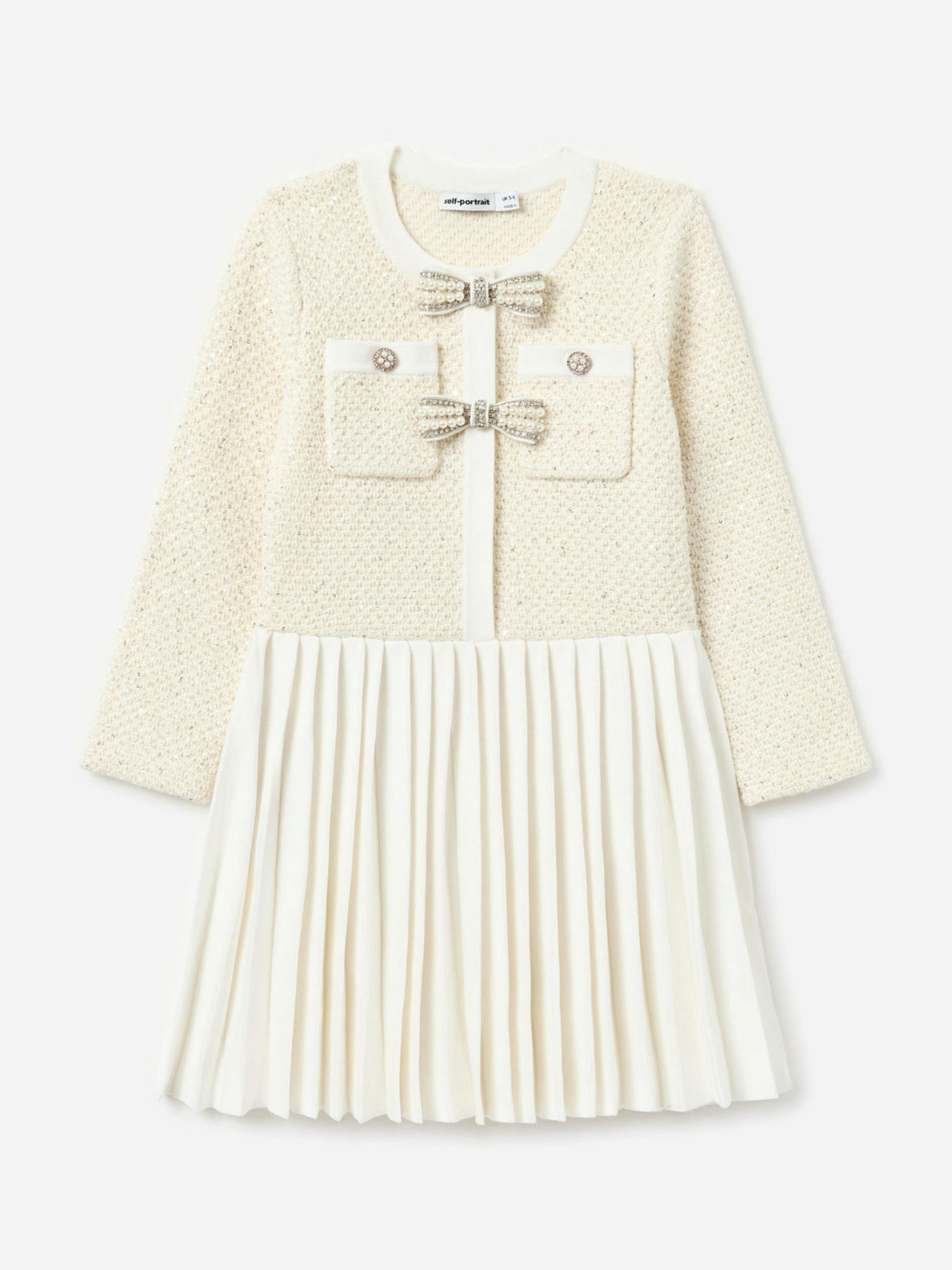 Self Portrait Girls Ivory Sequin Knit Bow Trim Dress In - 5 - 6 Years