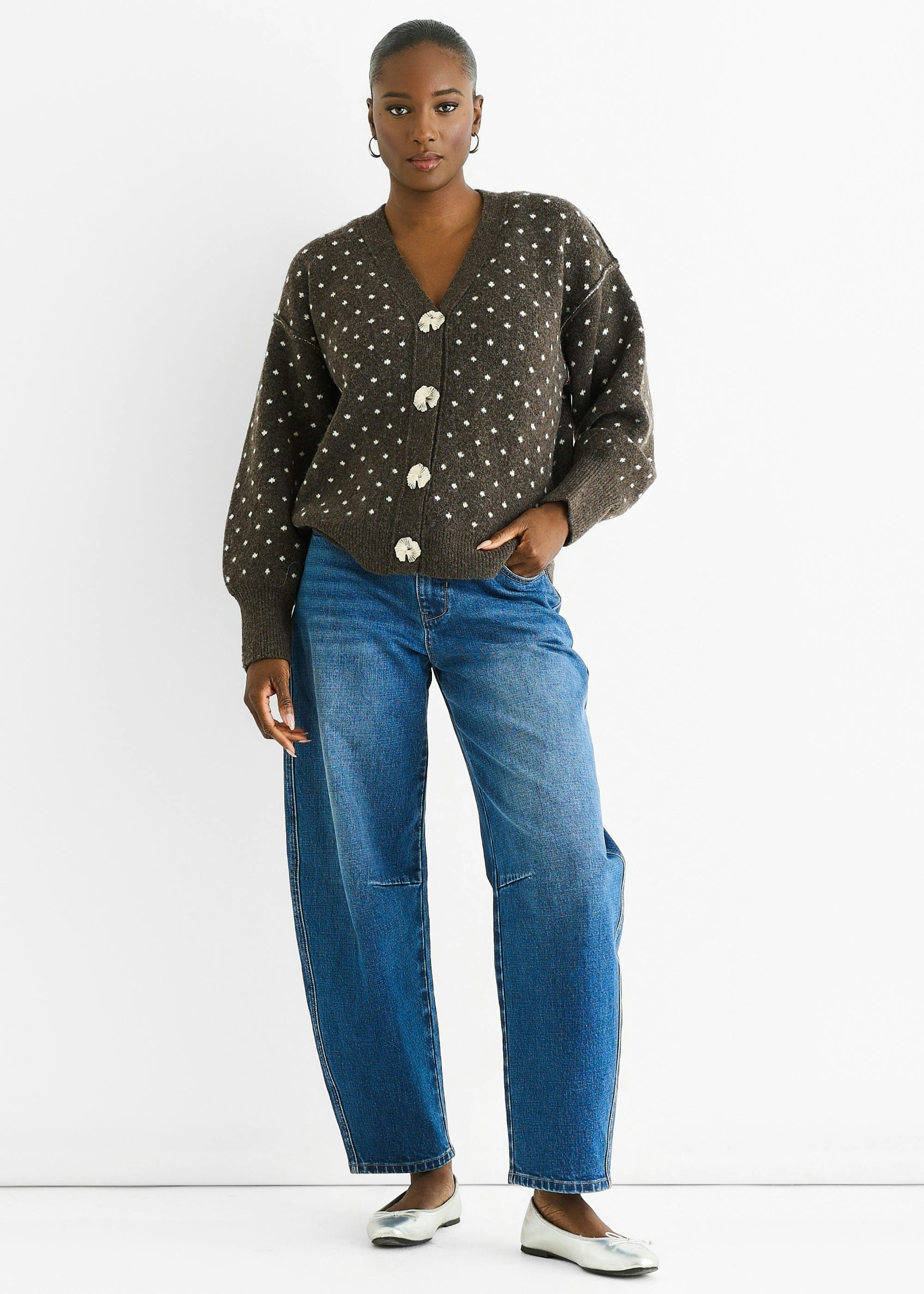 Gini London Chocolate Spot Print Button Cardigan Look Jumper - M-L (Uk 12-14/Us 8-10/Eu 40-42)