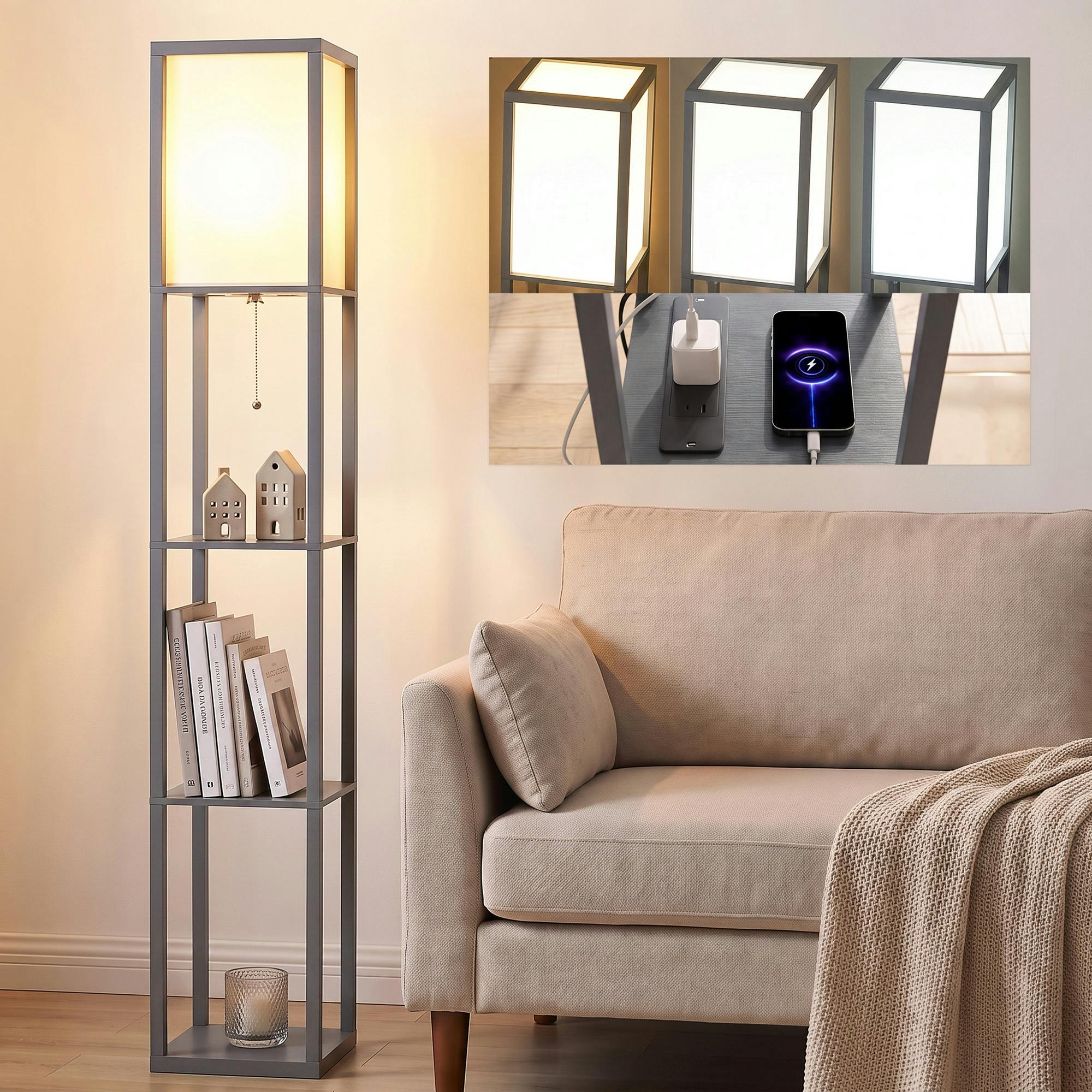 Rackhams Grey Floor Lamp With 3-Tier Storage Shelf For Home Office