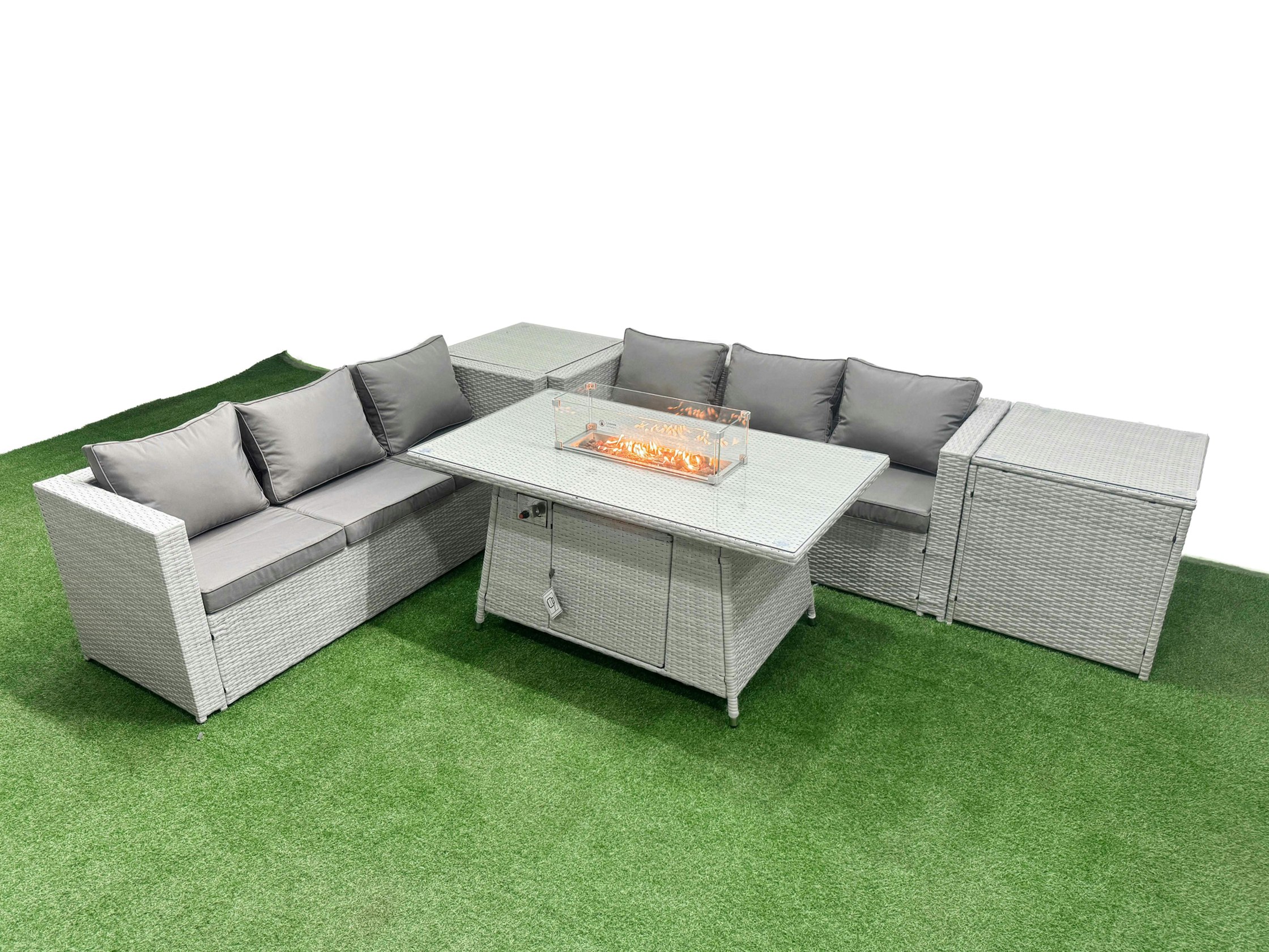 Fimous Light/Grey Pe Rattan Lounge Sofa Set Outdoor Garden Furniture Set With Fire Pit Dining Table 3 Seater Sofa 2 Side Table