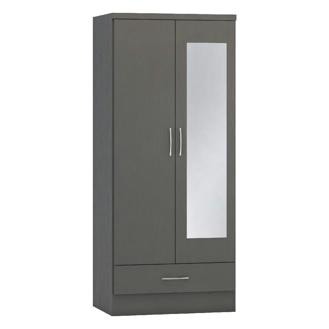 Seconique Grey Nevada 2 Door 1 Drawer Mirrored Wardrobe - 3D Effect