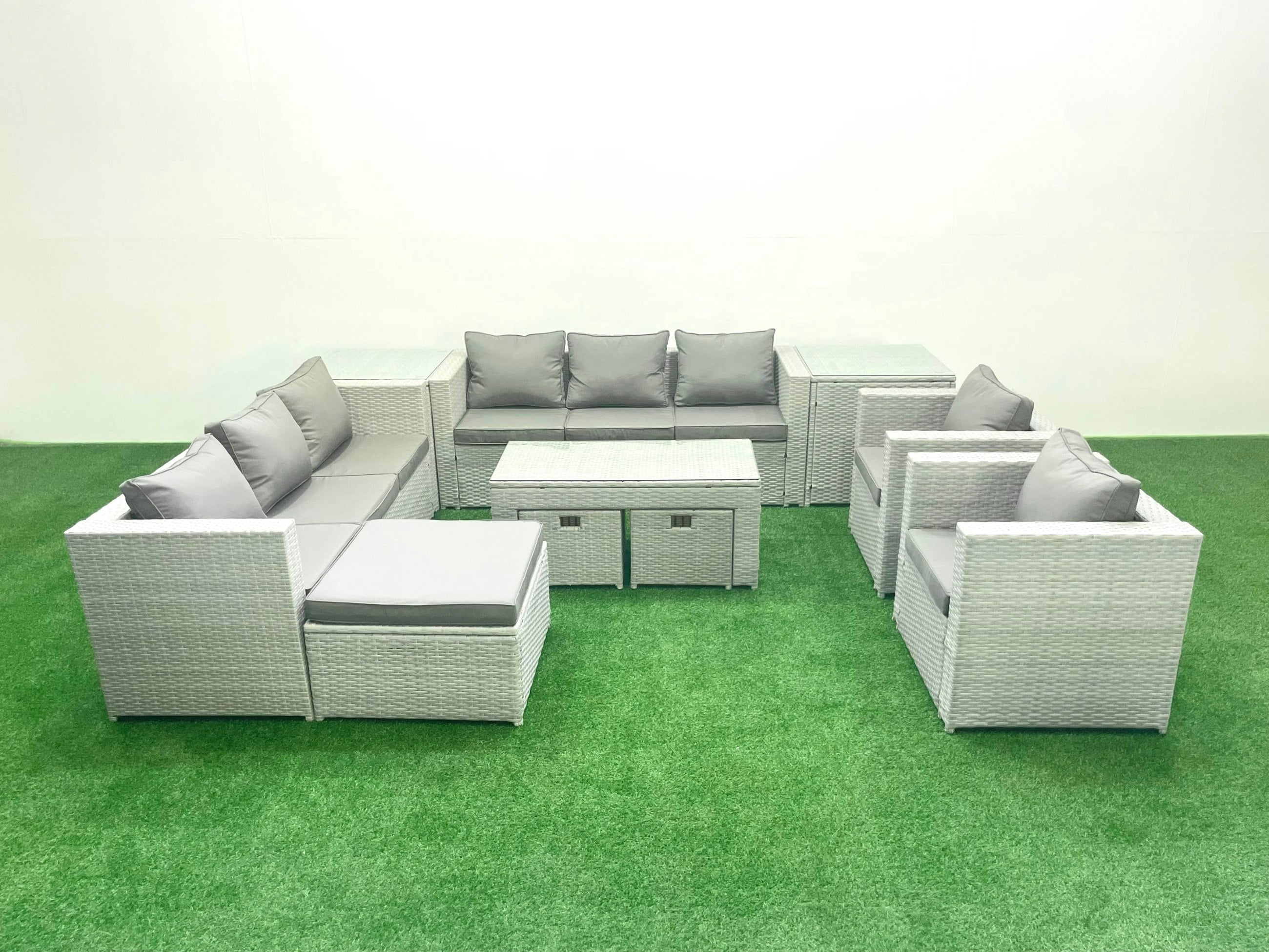 Fimous Light/Grey Outdoor Garden Furniture Rattan Sofa Set With 2 Armchairs Oblong Coffee Table 3 Footstools 2 Side Tables Mixed