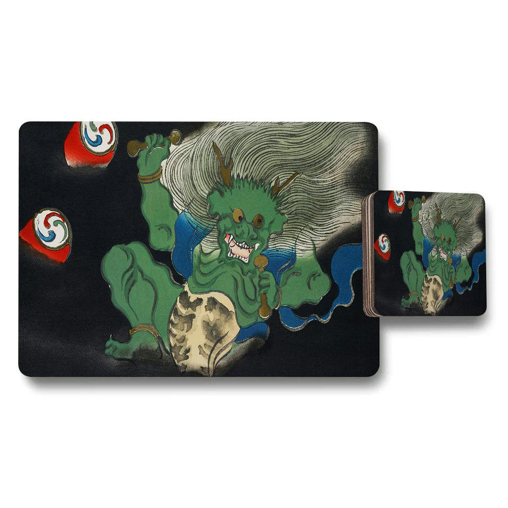 Rackhams Green/Black Dragon Themed Placemat And Coaster Set For Dining Table Decor