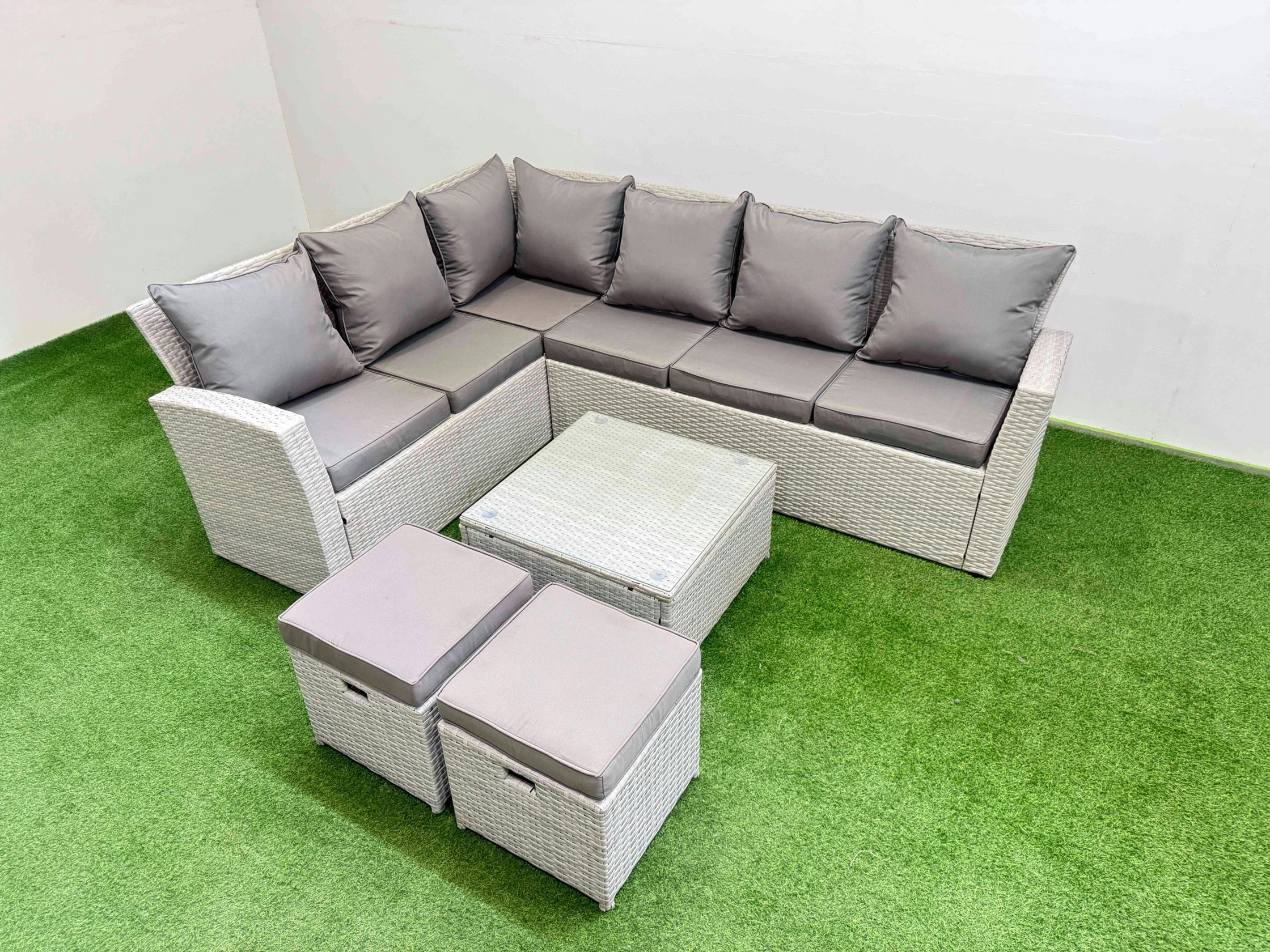 Fimous Light/Grey Outdoor Rattan Garden Furniture Set 8 Seater Corner Sofa Sets With Square Coffee Table 2 Small Footstools Mixed