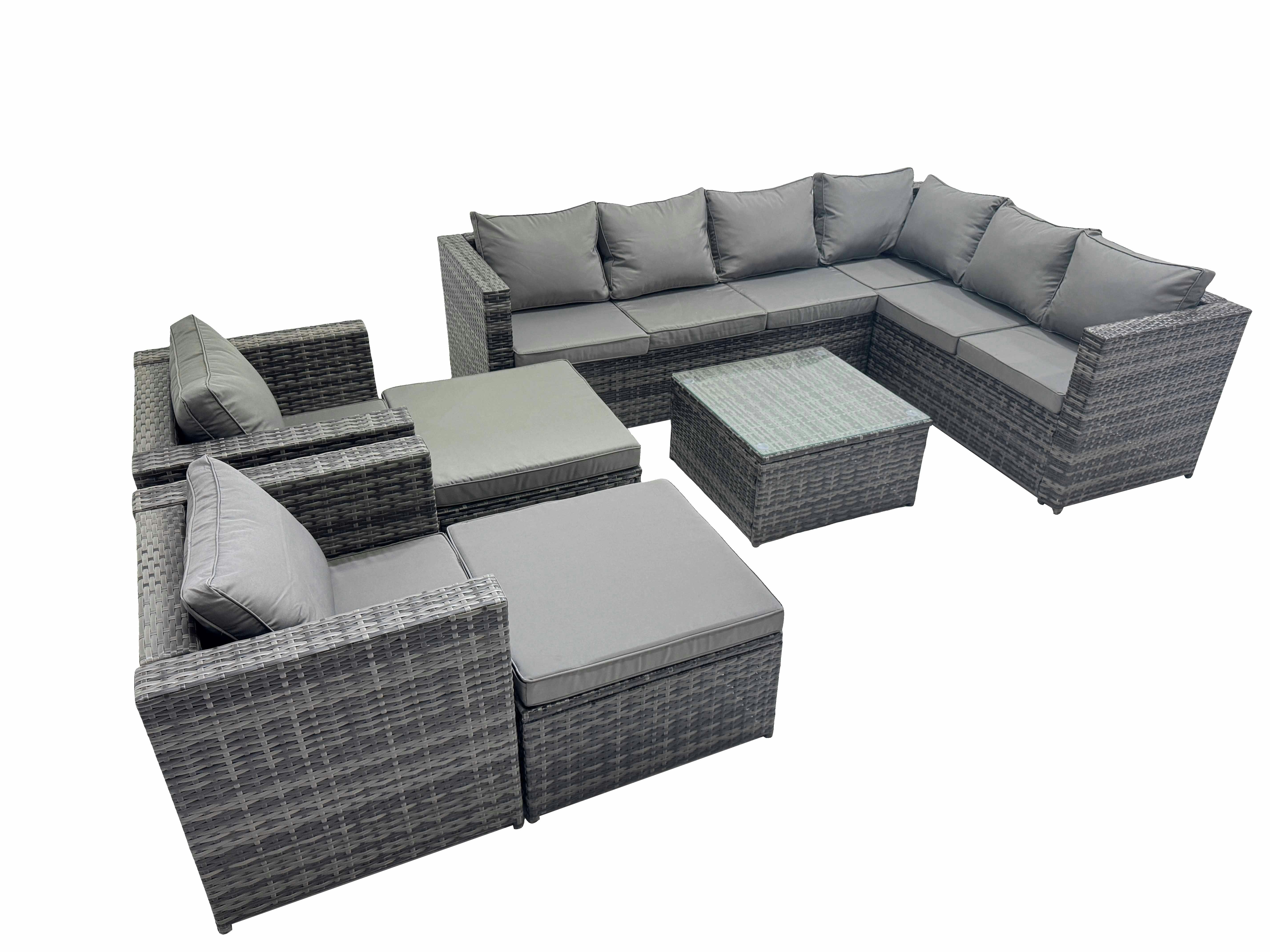 Fimous Dark/Grey Outdoor Pe Rattan Garden Furniture Sofa Set With Square Coffee Table 2 Big Stools 2 Chair