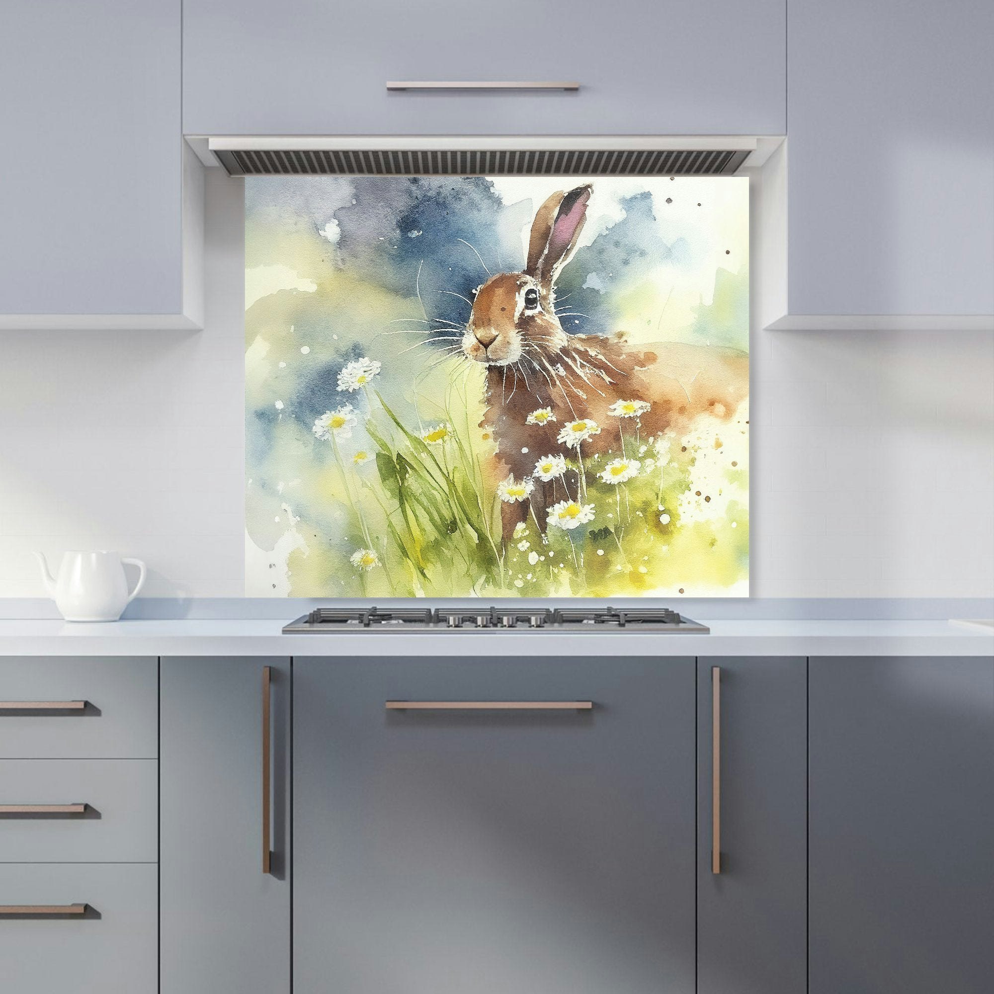 Warren Reed White Designer Hare And Daisies Watercolour Kitchen Splashback - W900mm X H750mm