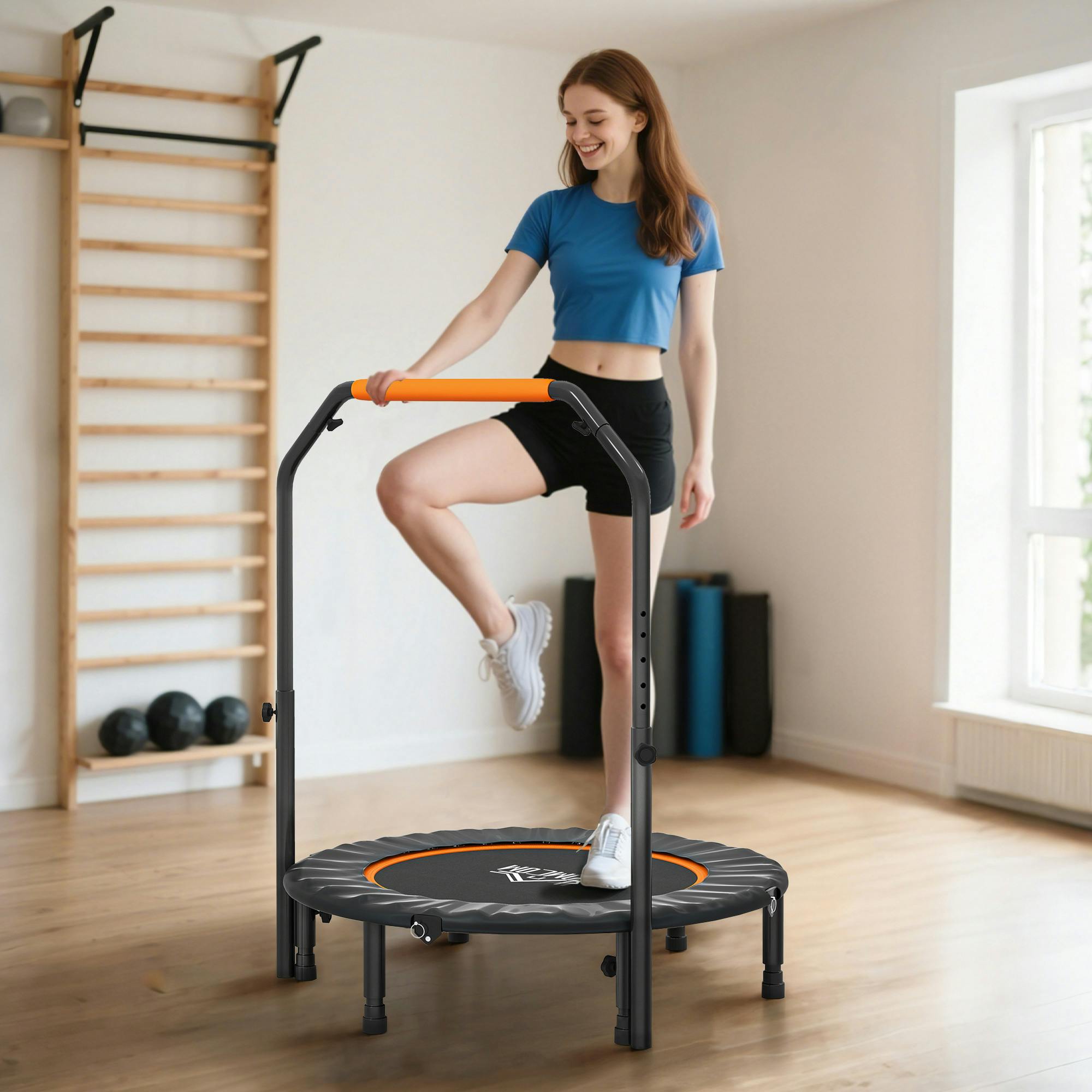 Bobobiy Orange 40" Foldable Mini Fitness Trampoline, With Adjustable Foam Handle, - Image 5