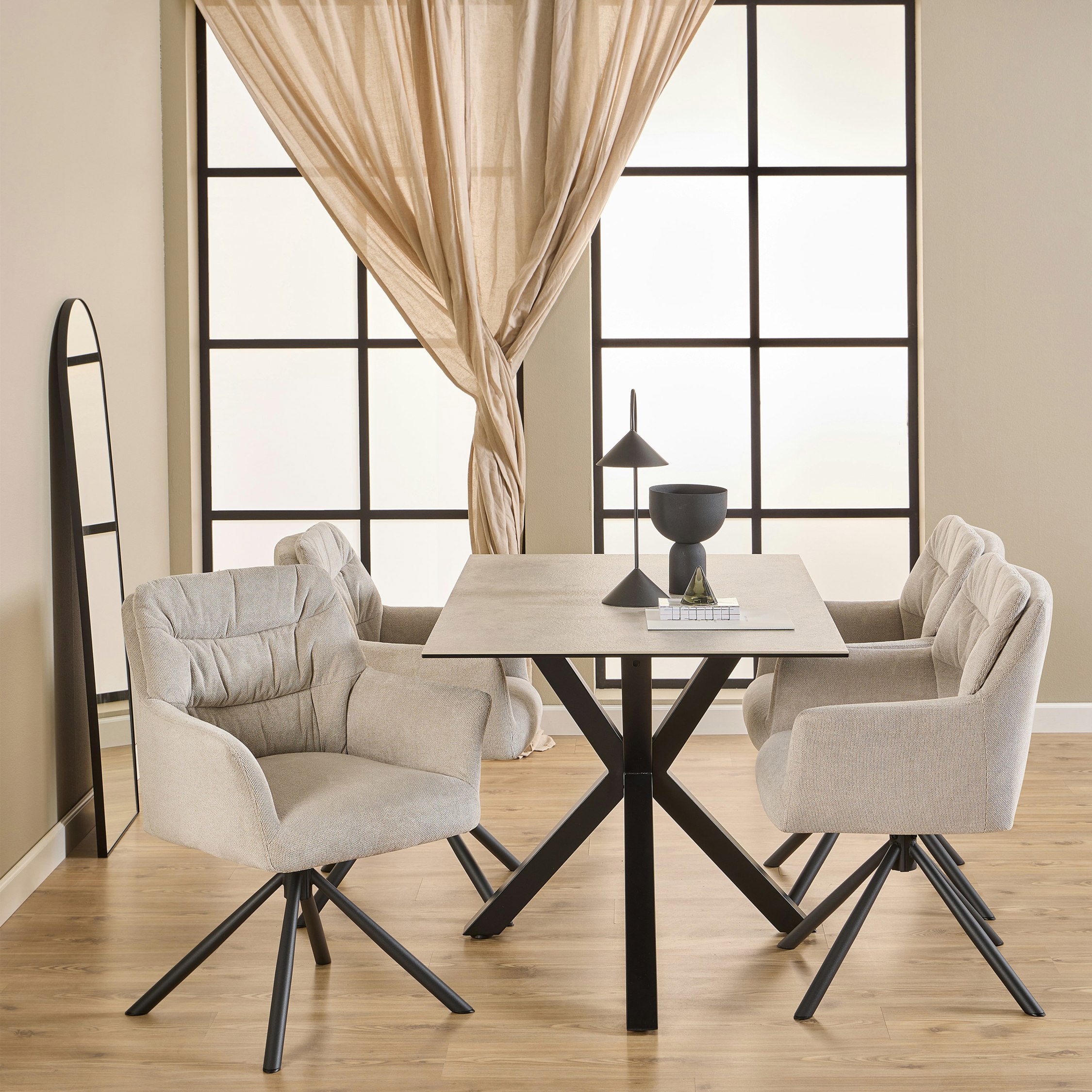 Rackhams White/Cream/Black Heaven Dining Table With Ceramic Top 135Cm Included 4 Alonso Swivel Dining Chair With Armrest - No