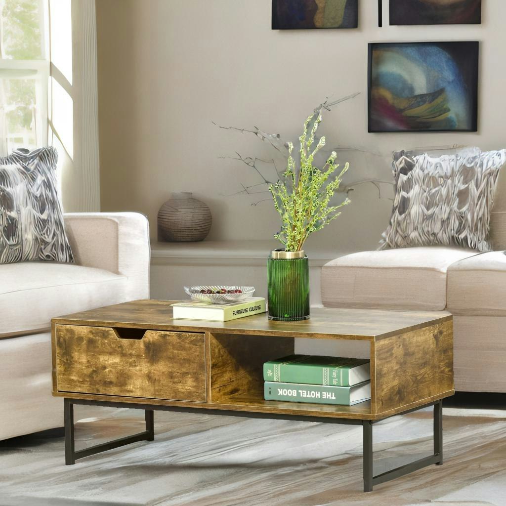 Rackhams Brown Industrial Rustic Coffee Table With Drawer And Storage
