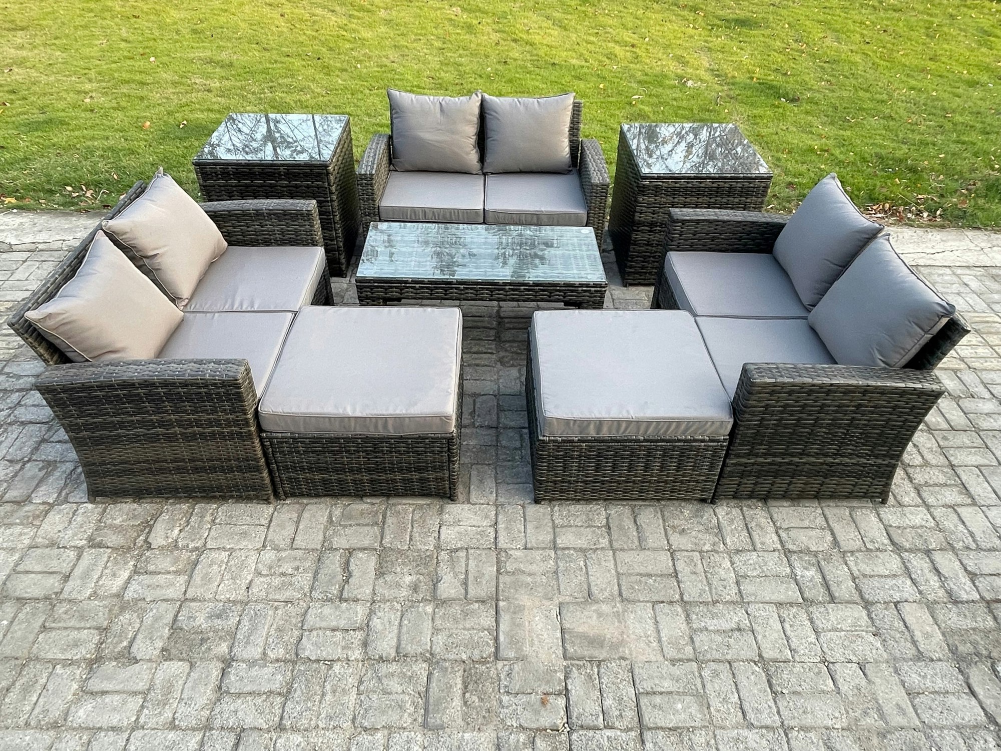 Rackhams Dark/Grey Outdoor U Shape Sofa Set Wicker Pe Rattan Garden Furniture Set With Coffee Table Double Seat Sofa 2 Big Footstool 2 Side Tables Mixed