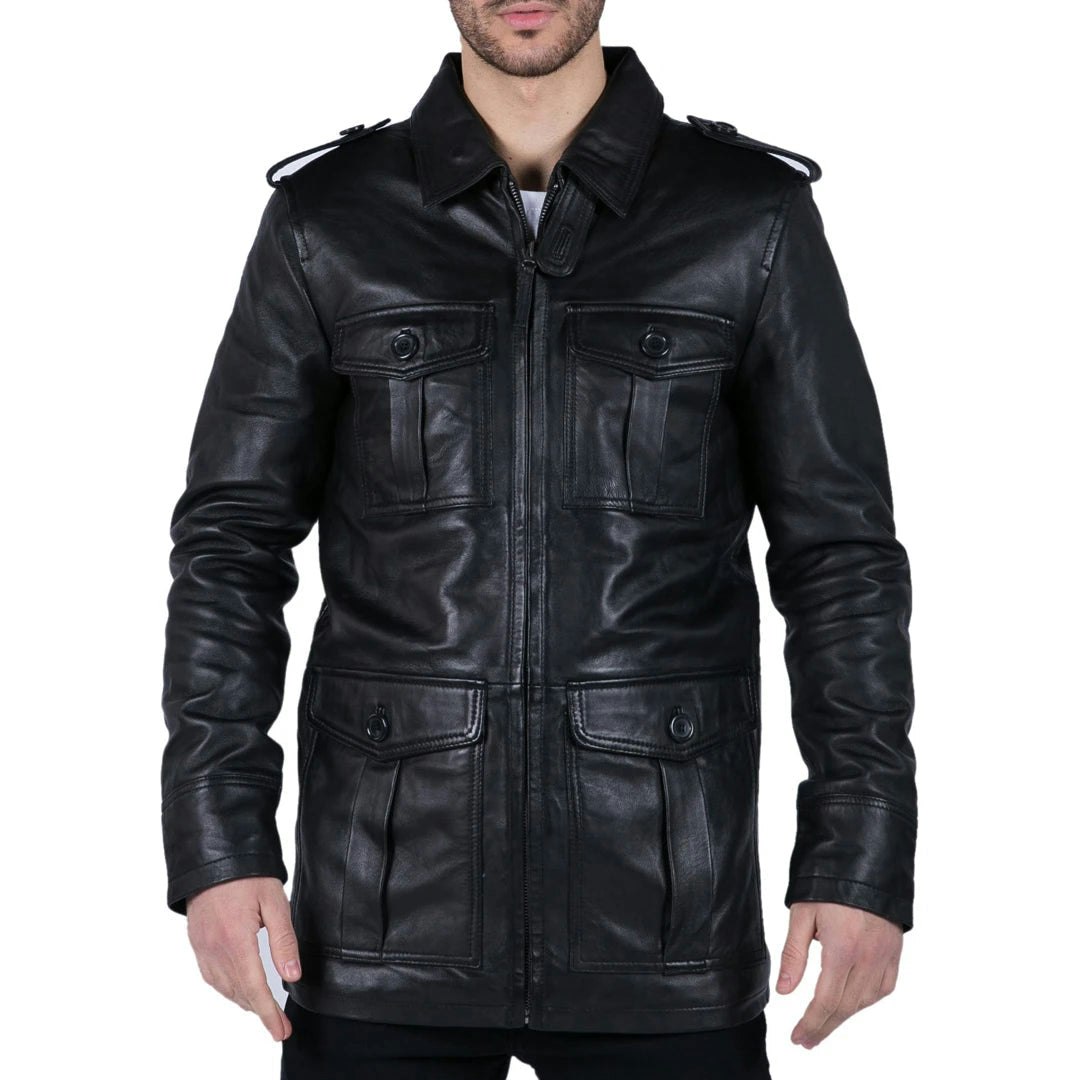 Infinity Leather Men's Black/Brown Leather Company Leather Safari Parka Coat Jacket - Small