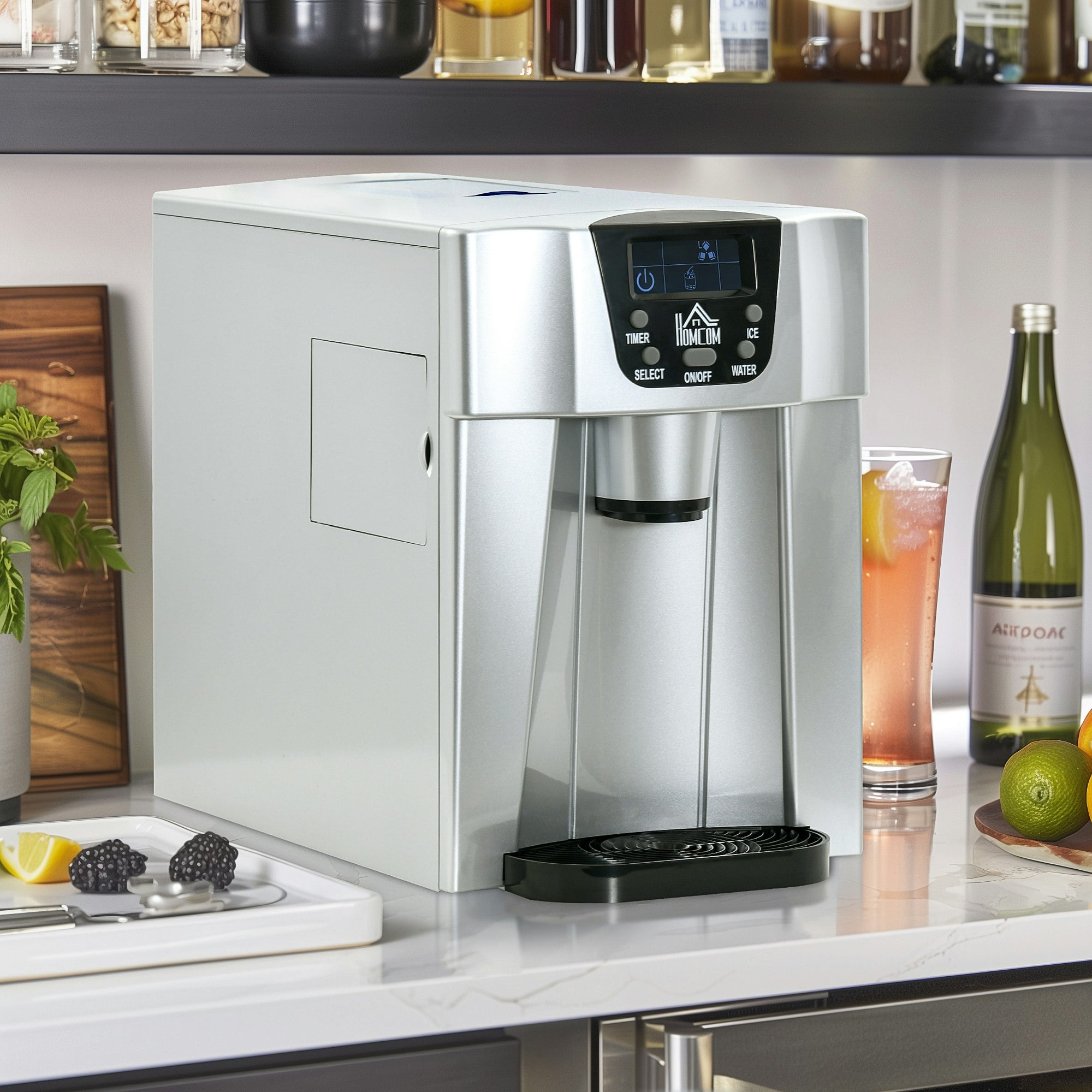 Homcom Silver Ice Maker Machine And Water Dispenser No Plumbing Required - 25.2Cm X 38.9Cm X 36.3Cm