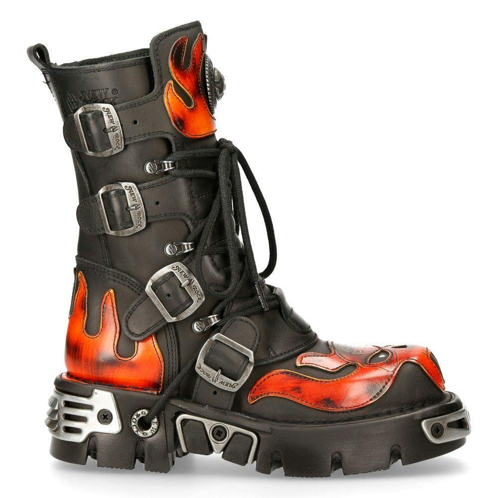 New Rock Black/Red Flame Accented Leather Biker Skull Boots - 107-S1 - Uk 4 | Eu 37 | Us 7
