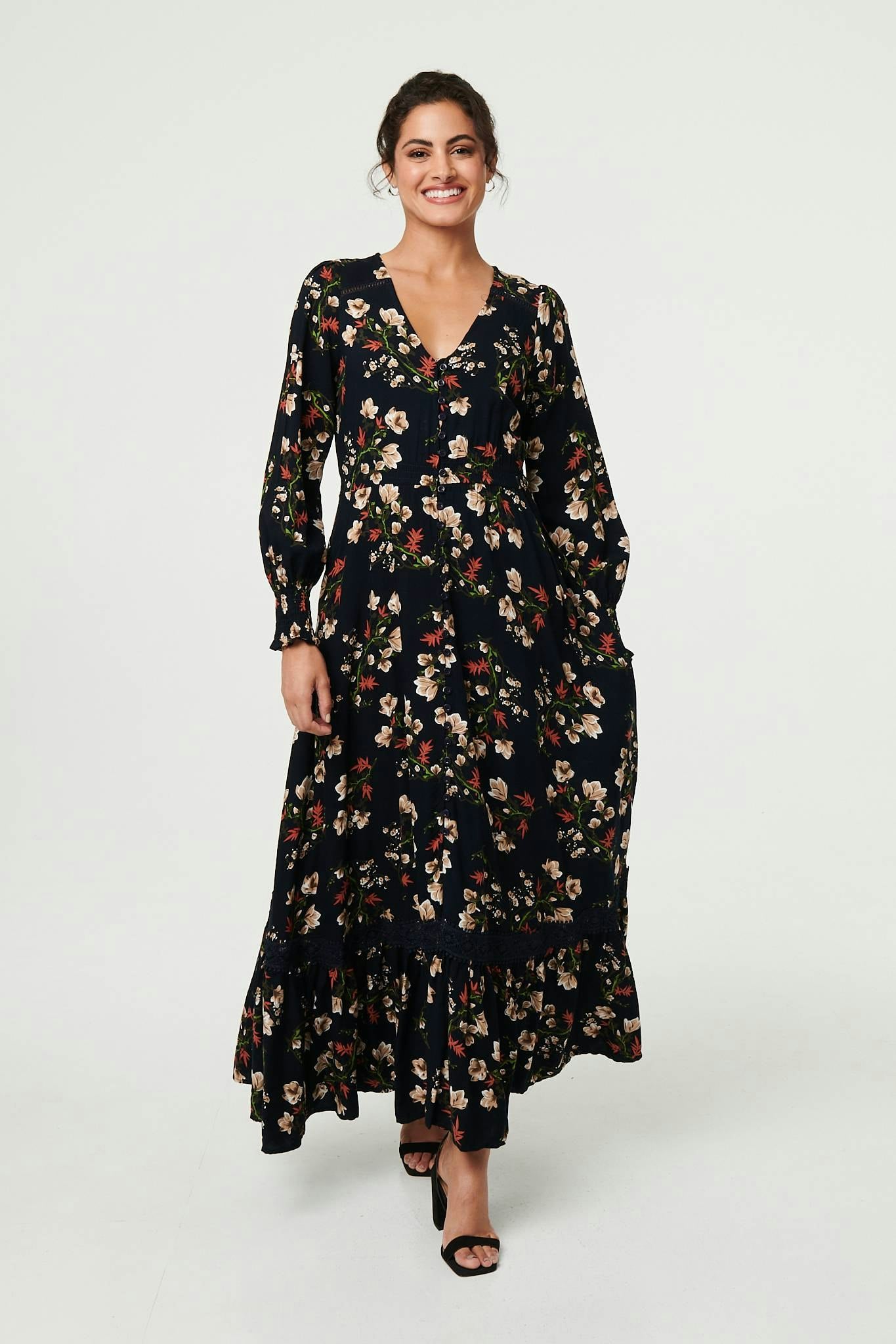 Izabel London Floral Long Sleeve Lace Trim Maxi Dress - 14 - Navy