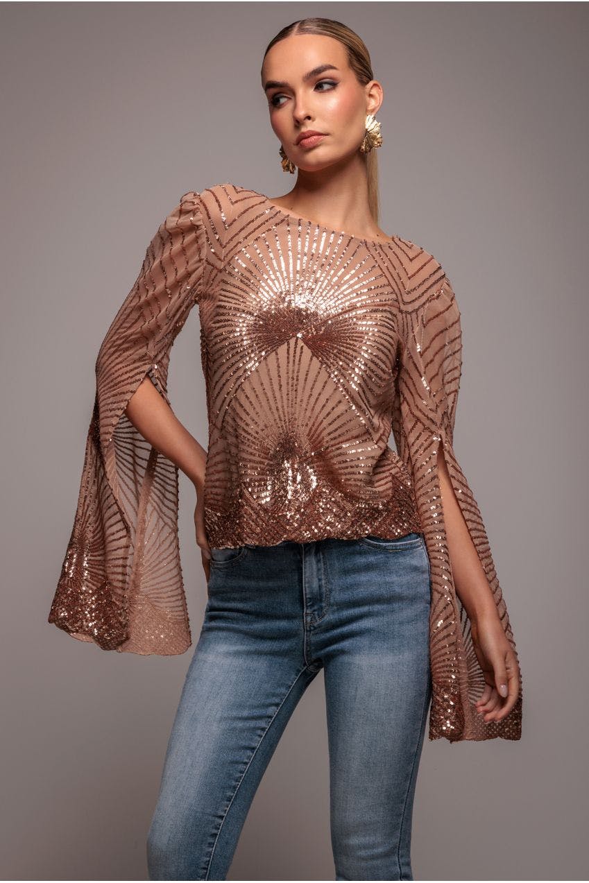 Goddiva Sequin Starburst Cape Sleeve Top - Champagne By - Champagne - 16