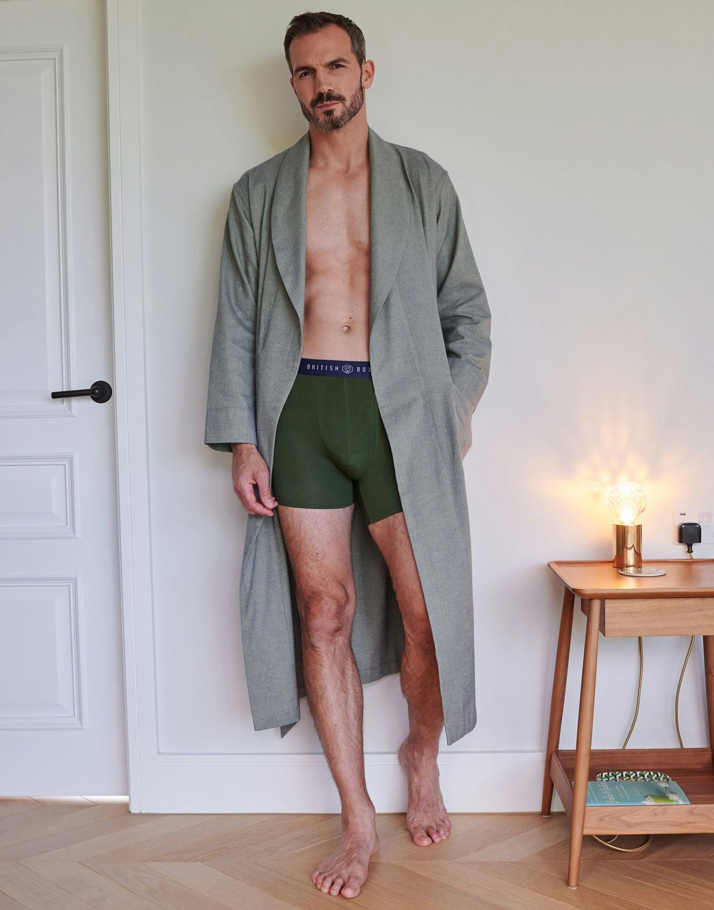 British Boxers Men's Grey/Green Brushed Cotton Dressing Gown – Orkney Herringbone - Large
