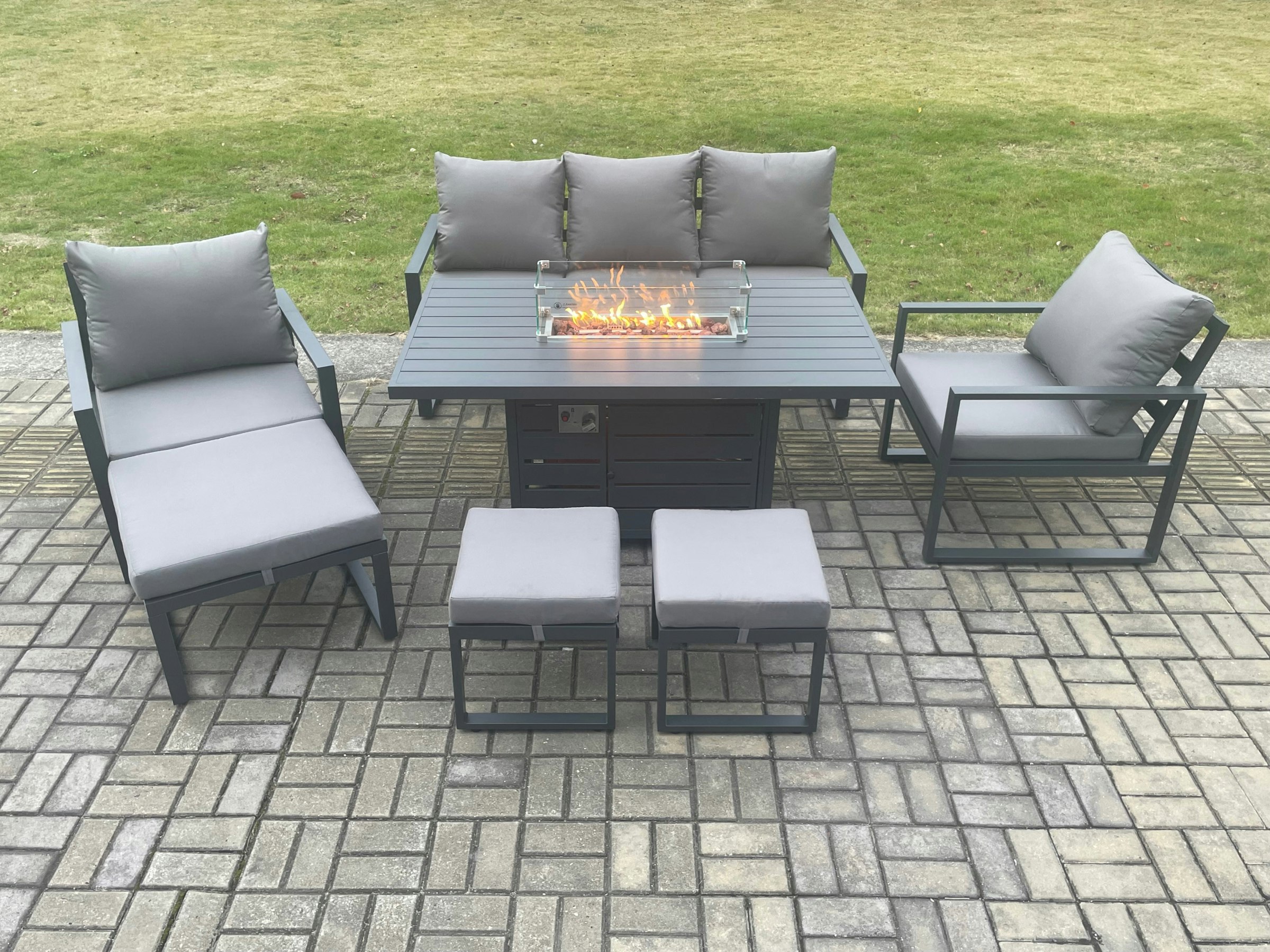 Rackhams Dark/Grey Aluminium Patio Outdoor Garden Furniture Lounge Sofa Set Gas Fire Pit Dining Table With 3 Footstools