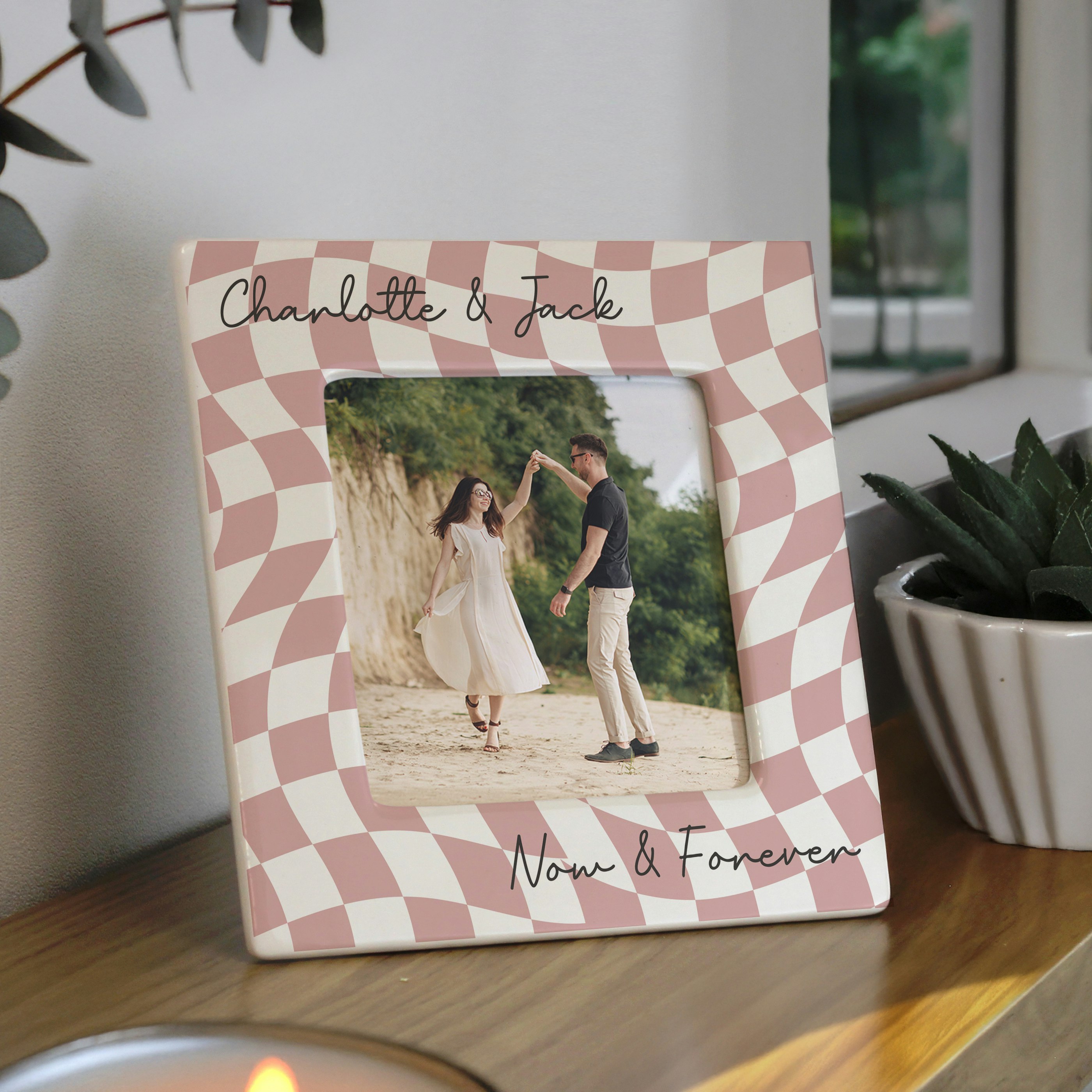 Rackhams Pink/Cream Personalised Checkerboard Ceramic 4X4 Frame - Ceramic - 4X4