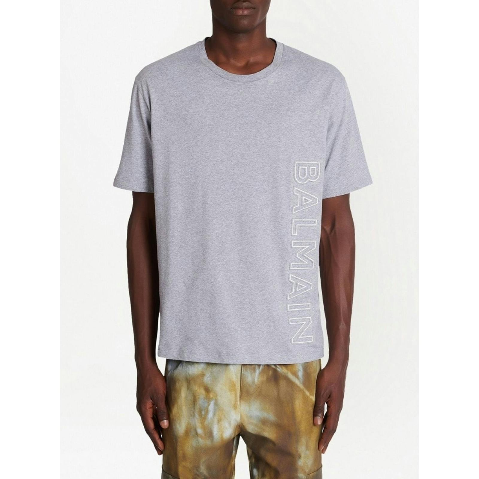 Balmain Grey Embossed Logo Vertical T-Shirt In - S