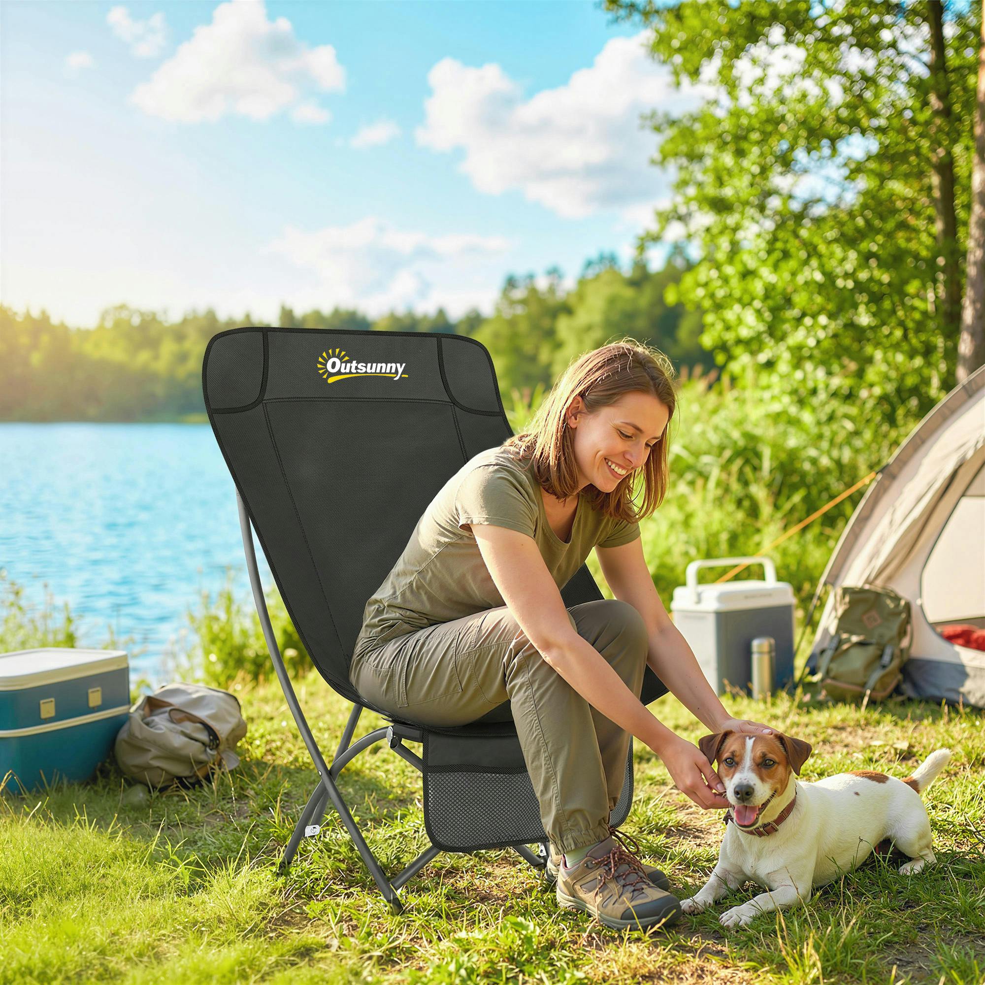 Outsunny Black Camping Chair Portable With Side Pocket