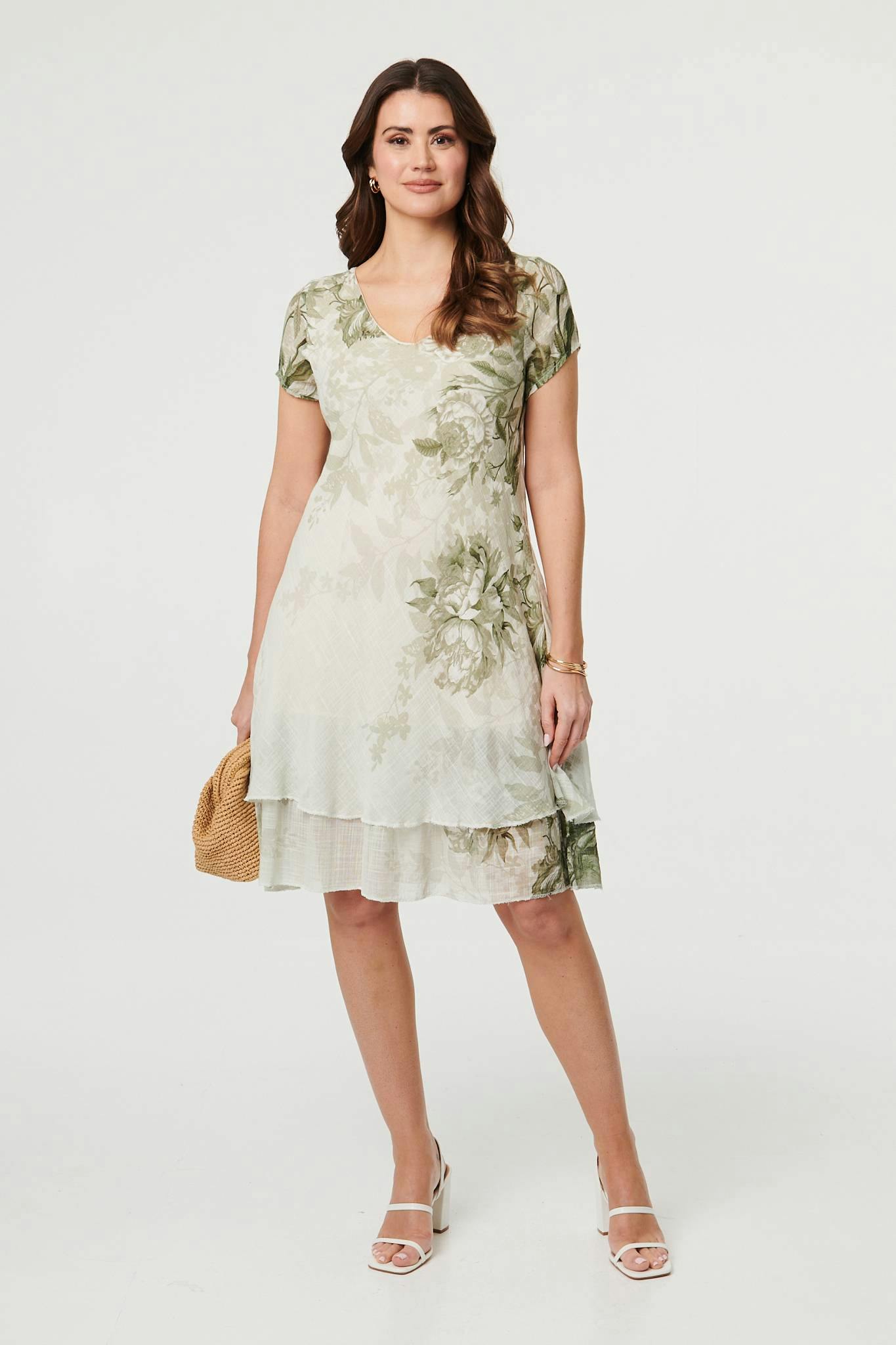 Izabel London Floral Layered Knee Length Dress - 12 - Sage