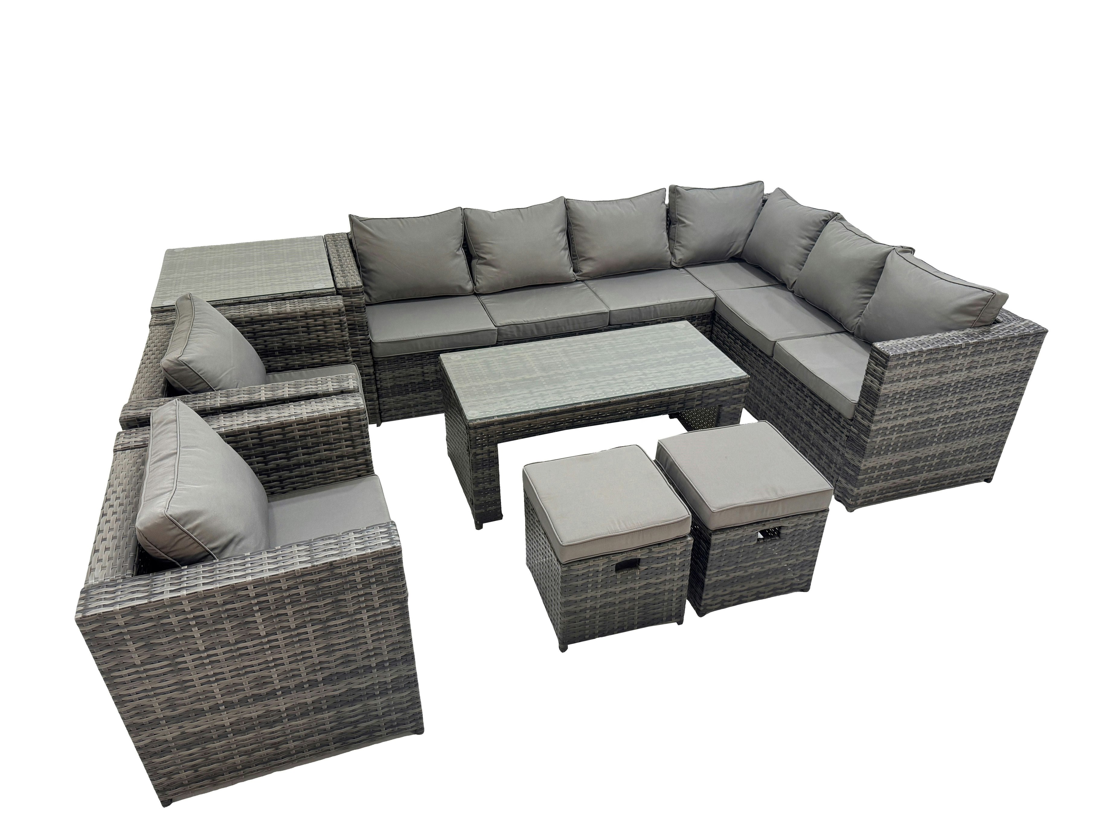 Rackhams Dark/Grey Outdoor Rattan Oblong Coffee Table Corner Sofa Sets Garden Furniture Set With 2 Chairs 2 Small Stools Side Table Mixed