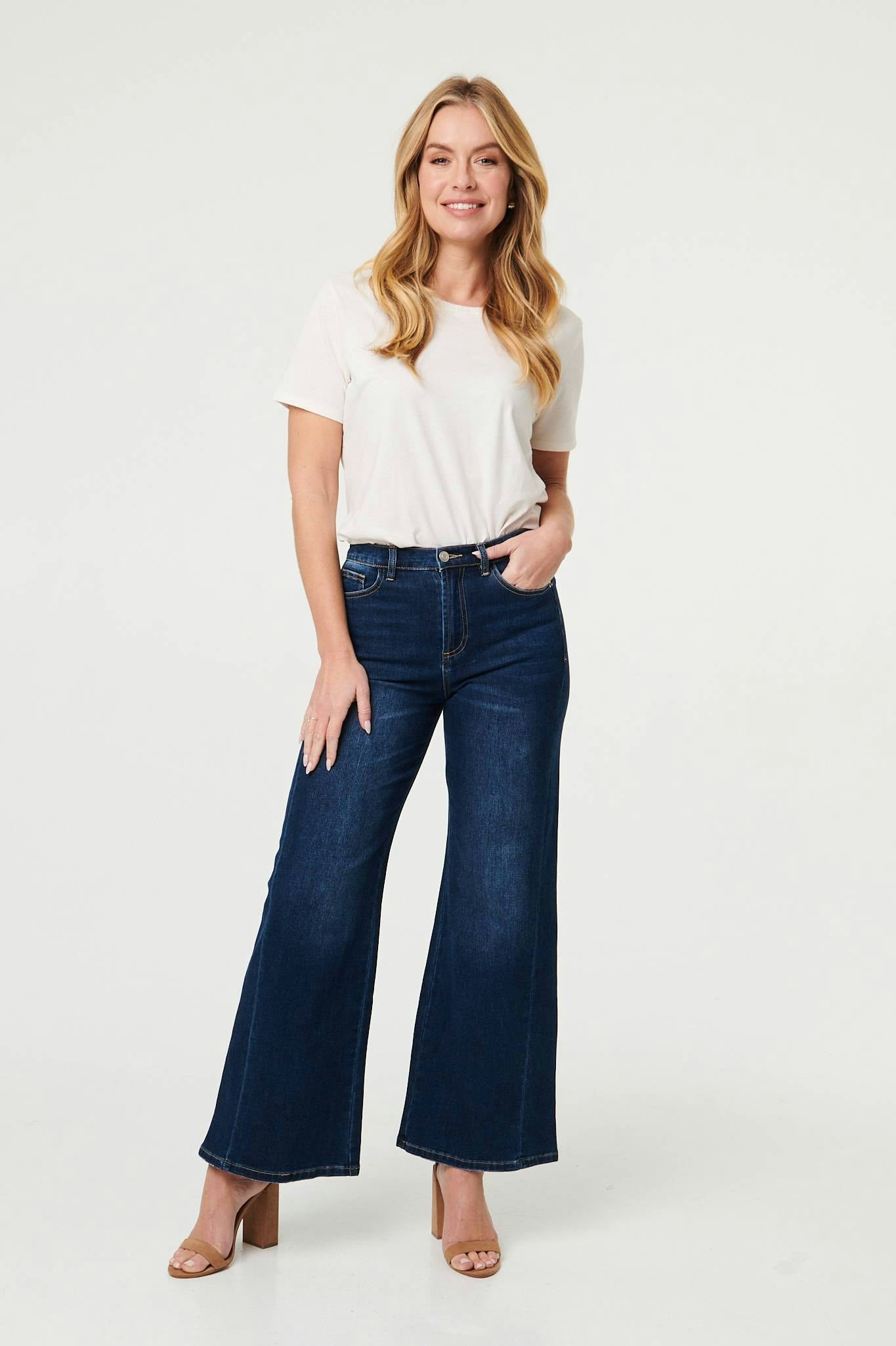 Izabel London Blue High Waist Slim Fit Flared Jeans - 16