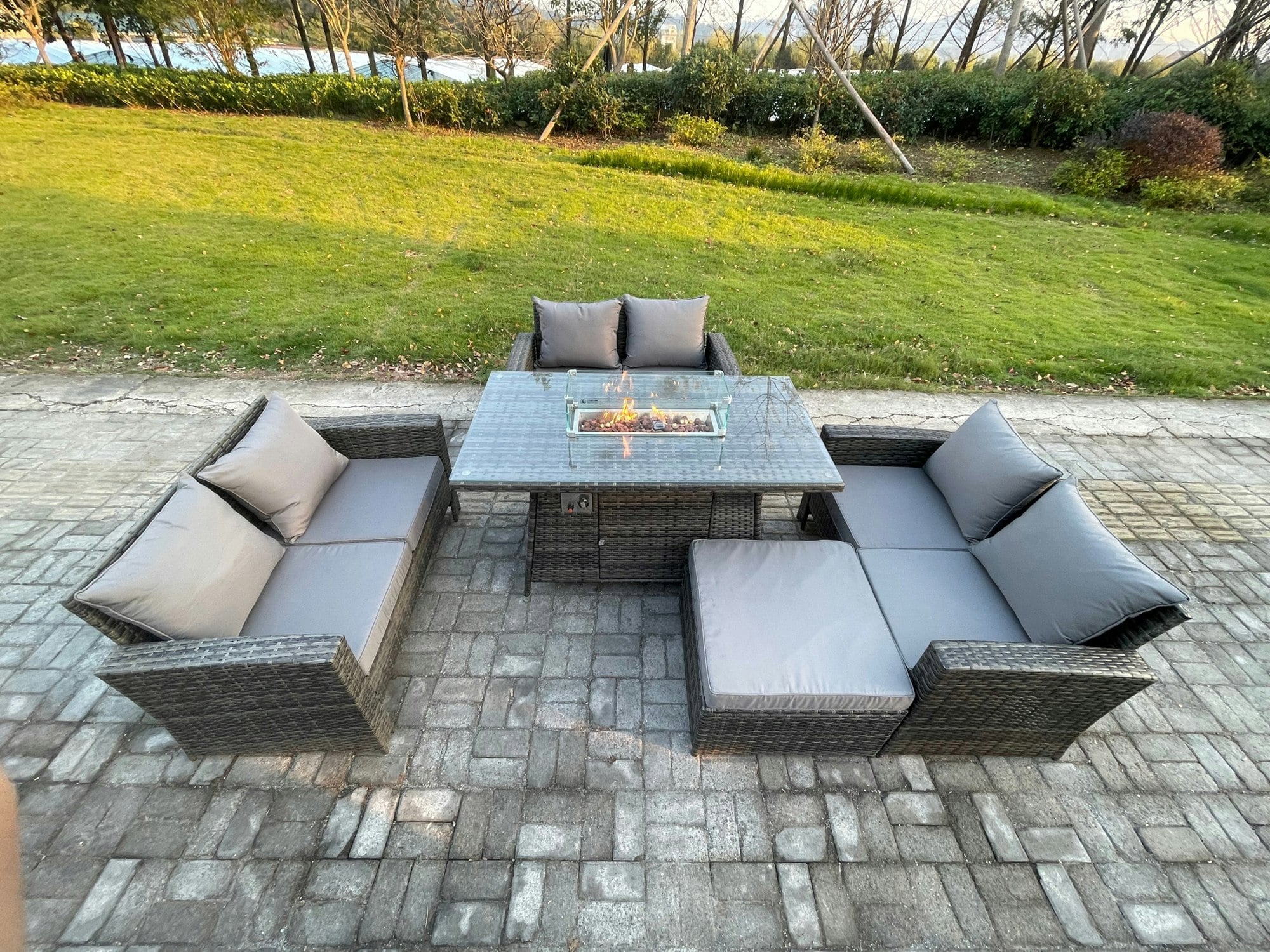 Rackhams Dark/Grey Outdoor Garden Dining Sets 7 Seater Rattan Patio Furniture Sofa Set With Gas Fire Pit Table Double Seat Sofa Big Footstool Mixed