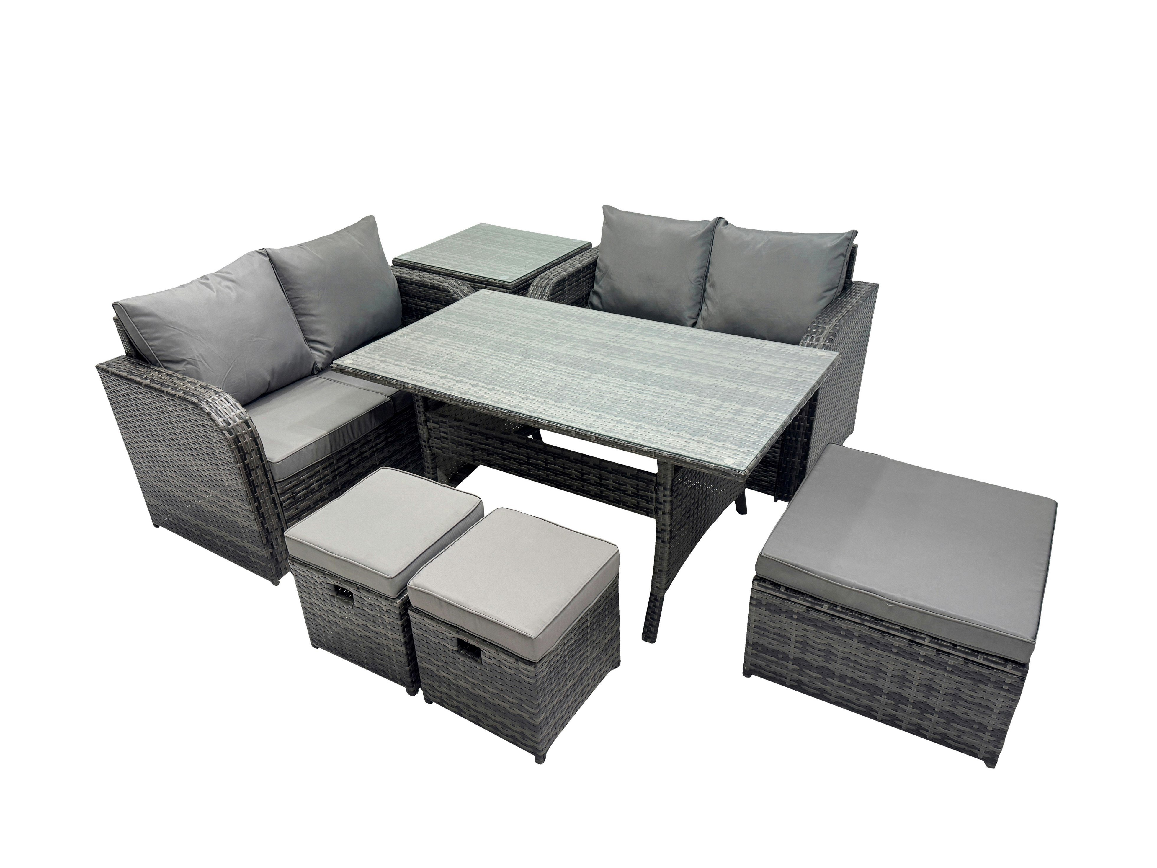 Fimous Dark/Grey Wicker Pe Rattan Garden Outdoor Furniture Set Love Sofa Dining Table Sets With 3 Stools Side Table Mixed