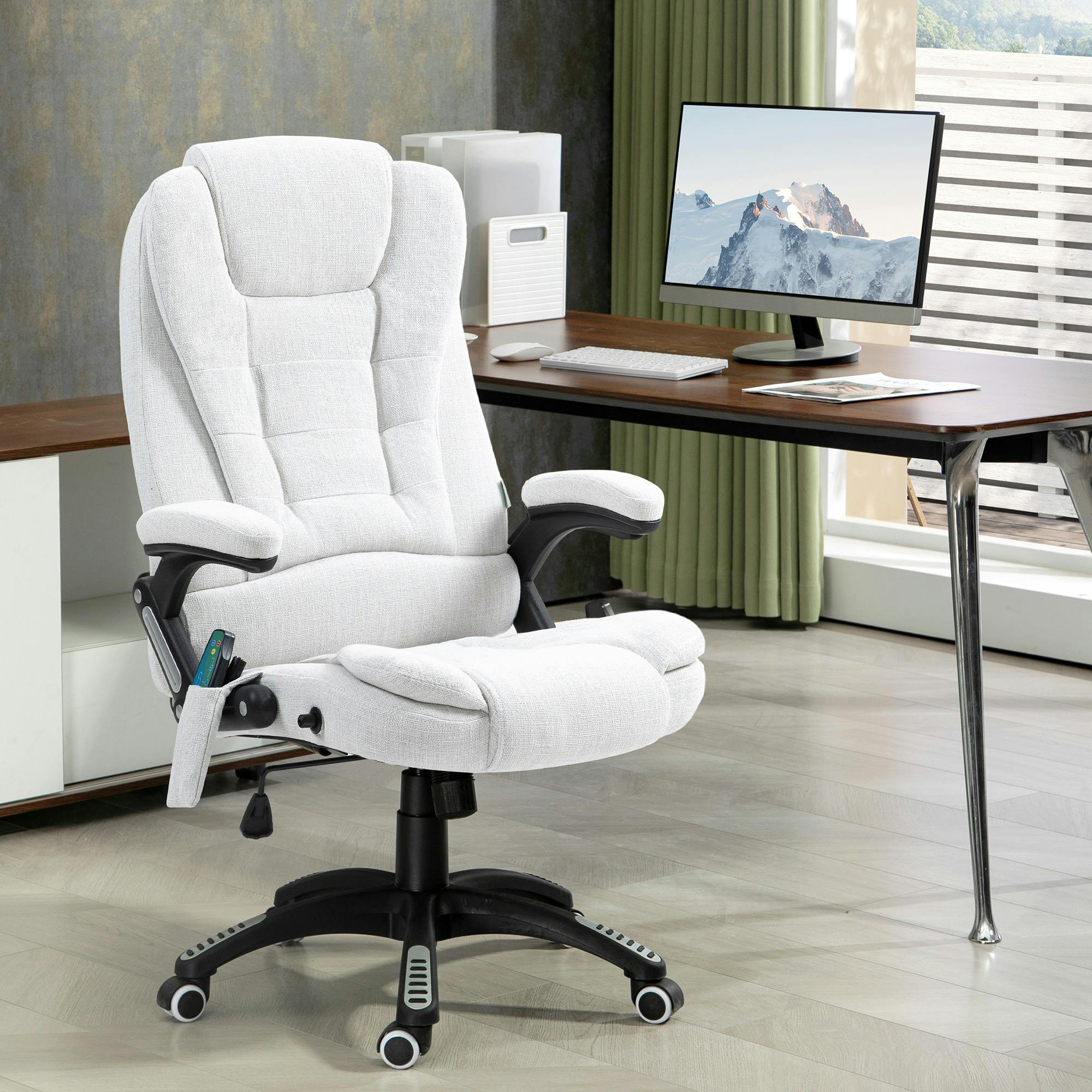 Vinsetto Grey/White Office Chair W/ Heating 6-Point Massage Relaxing Reclining - Linen-Feel Fabric - Image 5